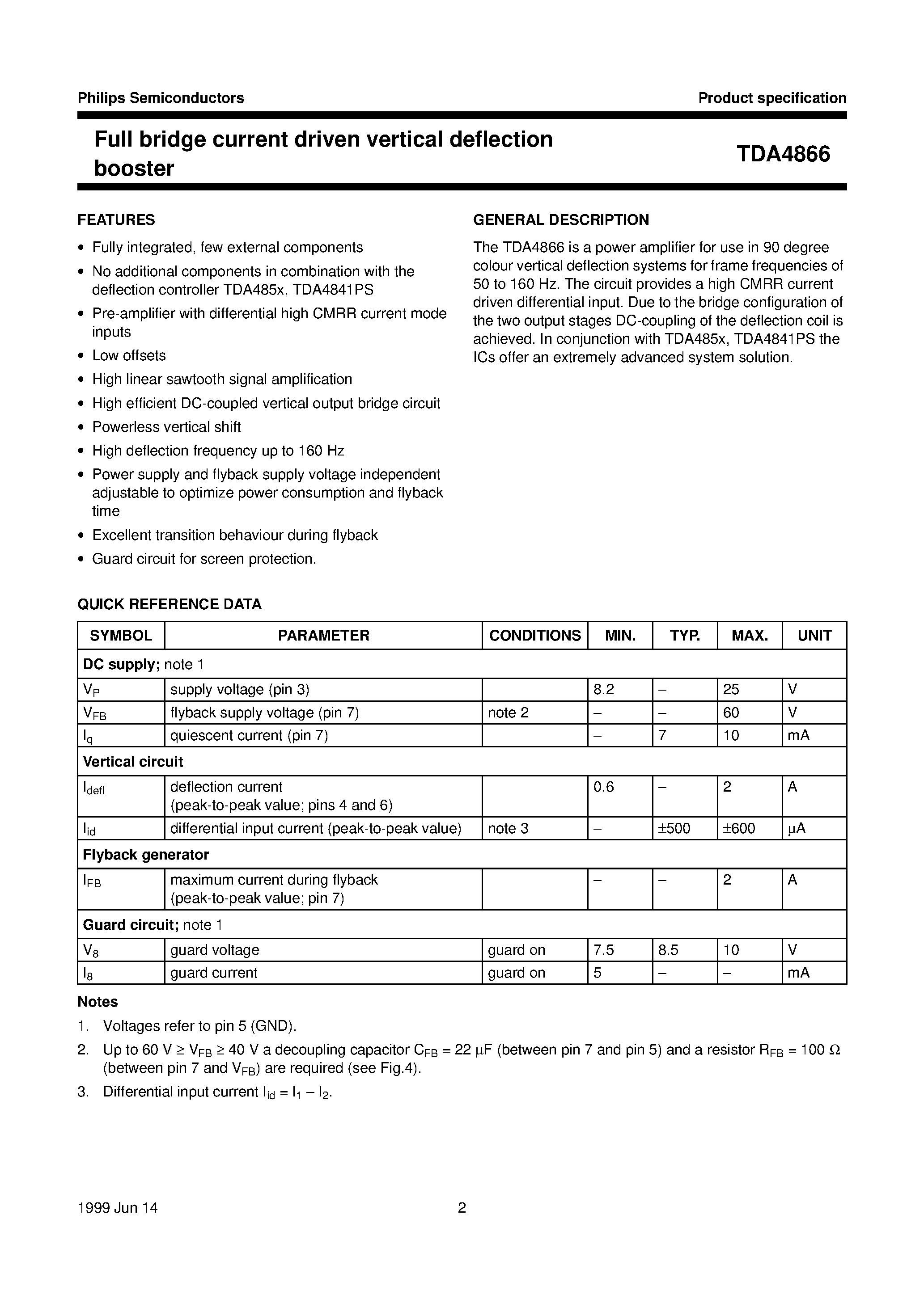 Даташит TDA4866 - Full bridge current driven vertical deflection booster страница 2