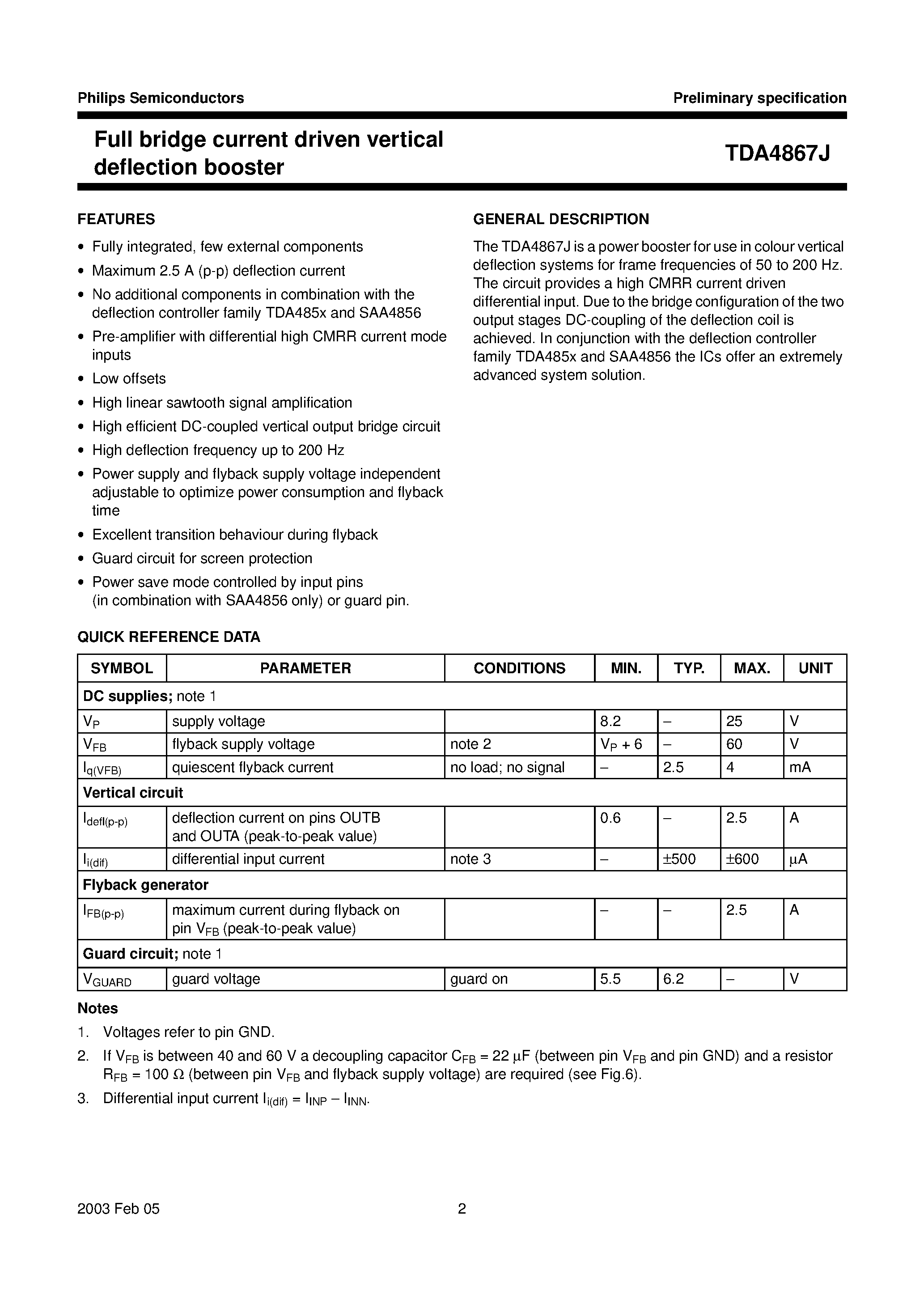 Даташит TDA4867J - Full bridge current driven vertical deflection booster страница 2