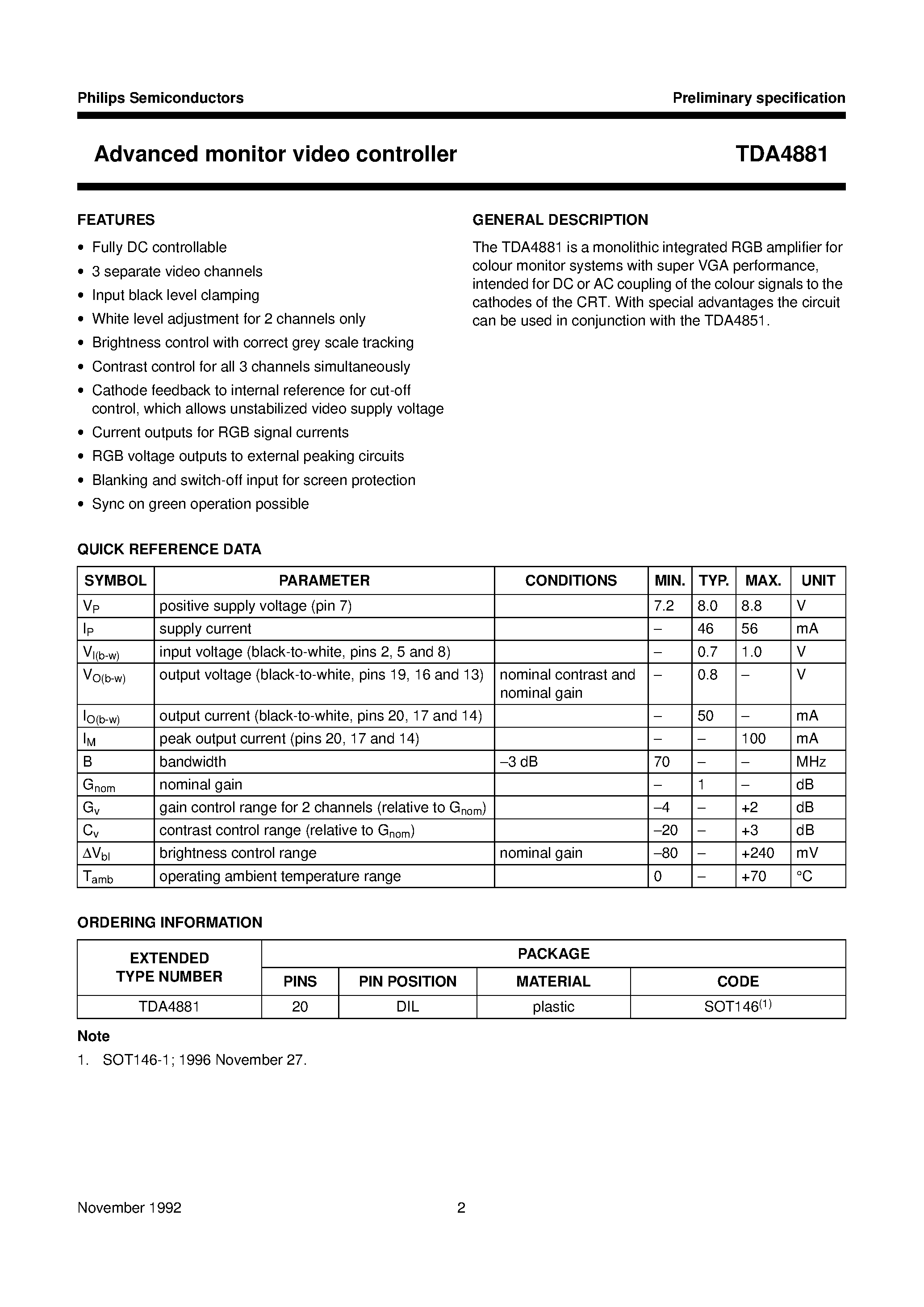 Даташит TDA4881 - Advanced monitor video controller страница 2