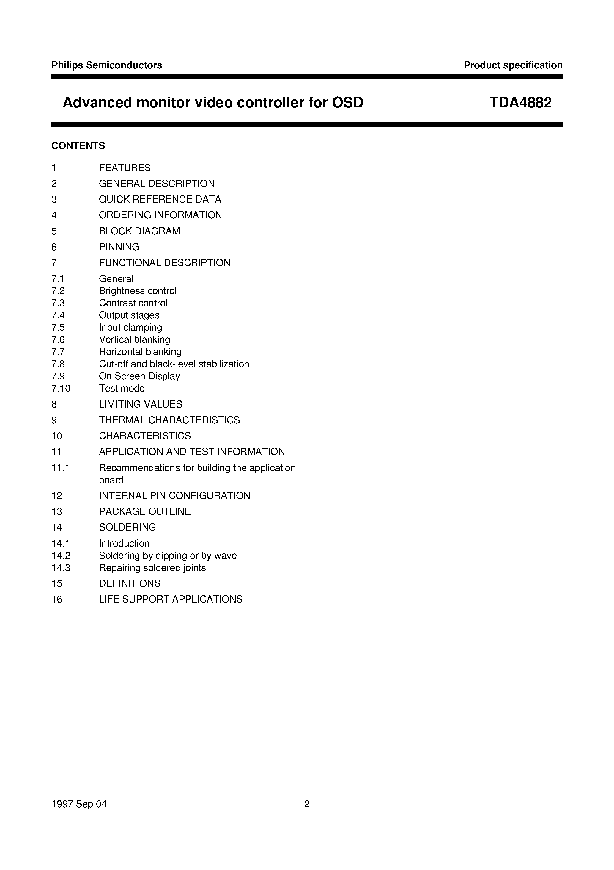 Даташит TDA4882 - Advanced monitor video controller for OSD страница 2