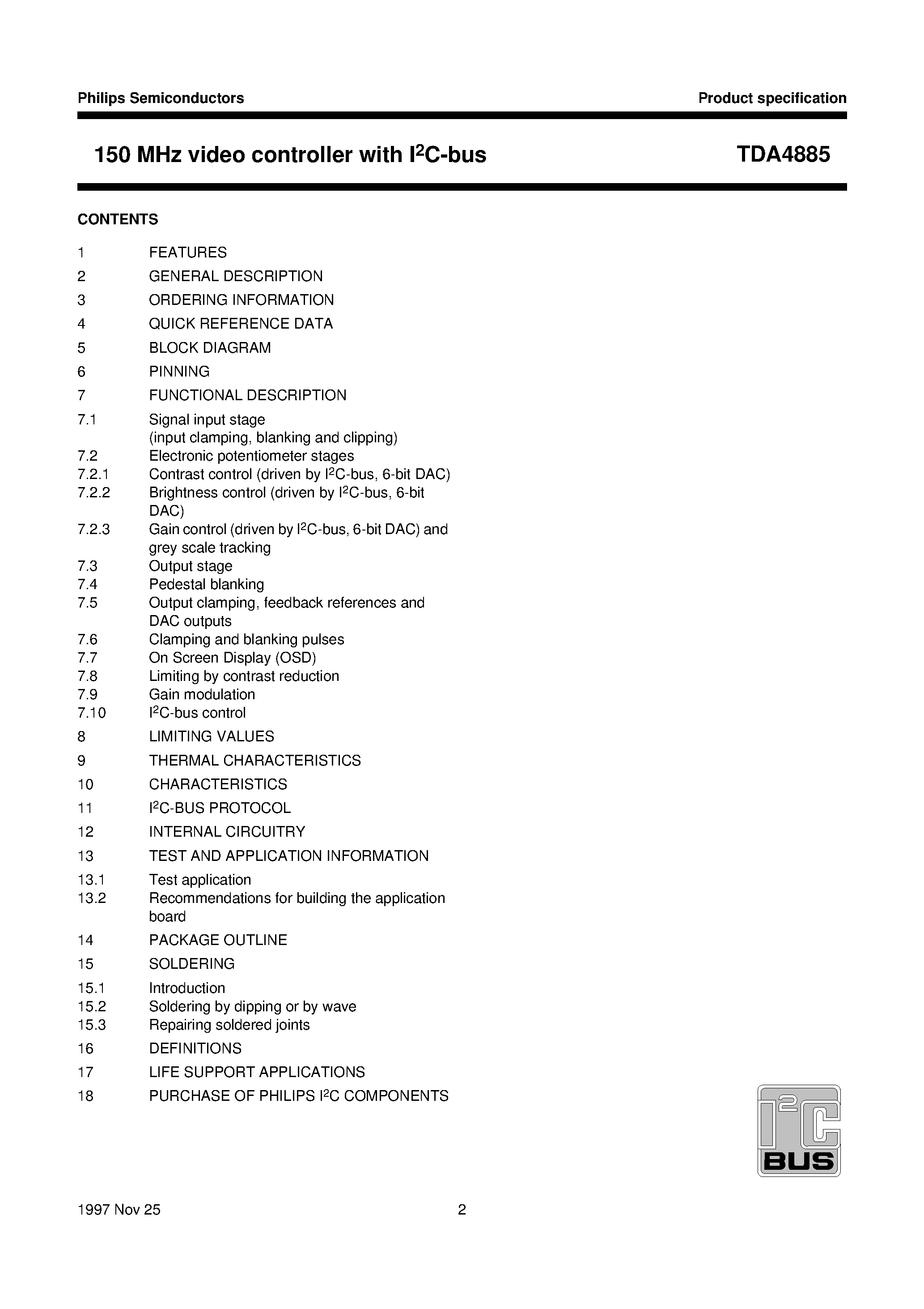 Даташит TDA4885 - 150 MHz video controller with I2C-bus страница 2