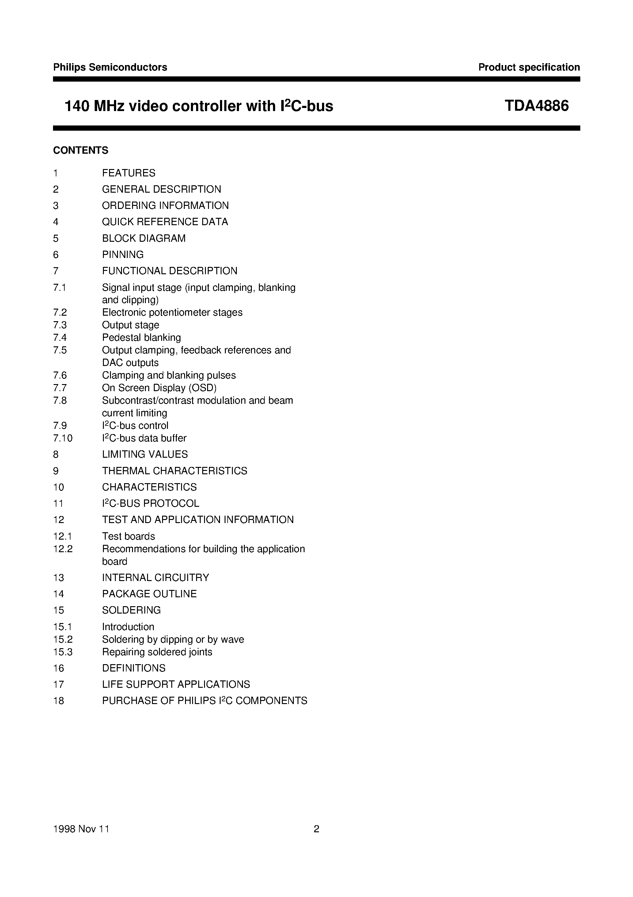 Даташит TDA4886 - 140 MHz video controller with I2C-bus страница 2