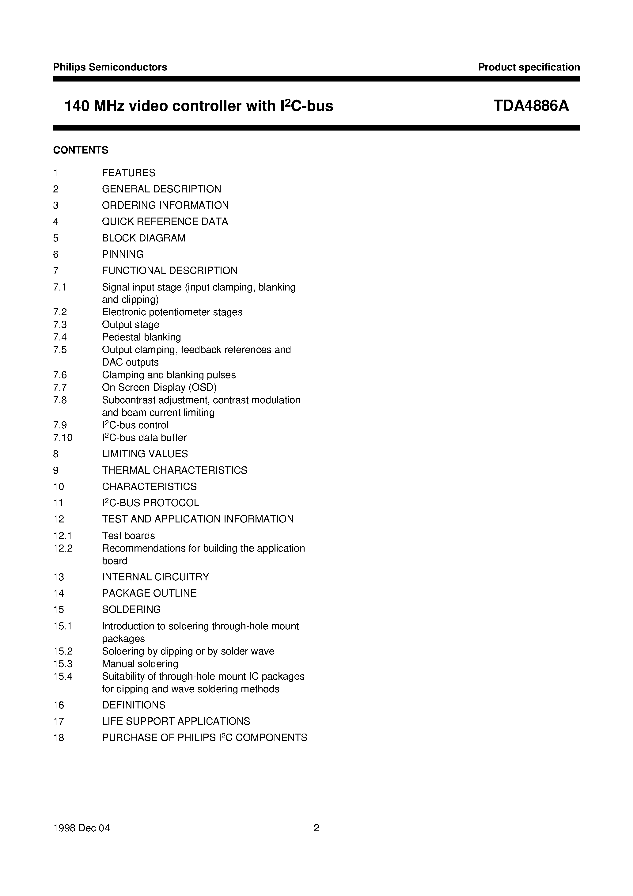 Даташит TDA4886A - 140 MHz video controller with I2C-bus страница 2