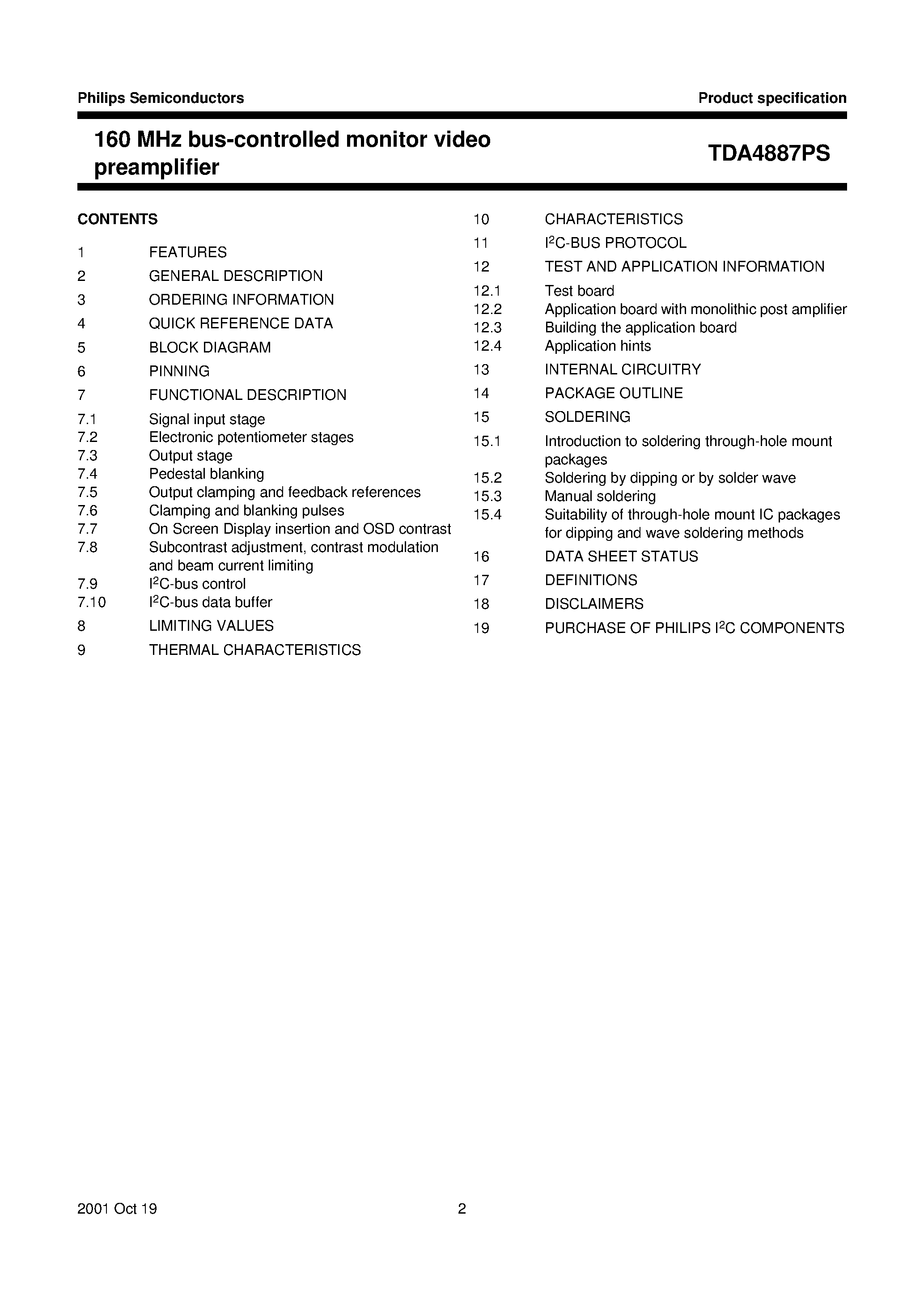Даташит TDA4887PS - 160 MHz bus-controlled monitor video preamplifier страница 2