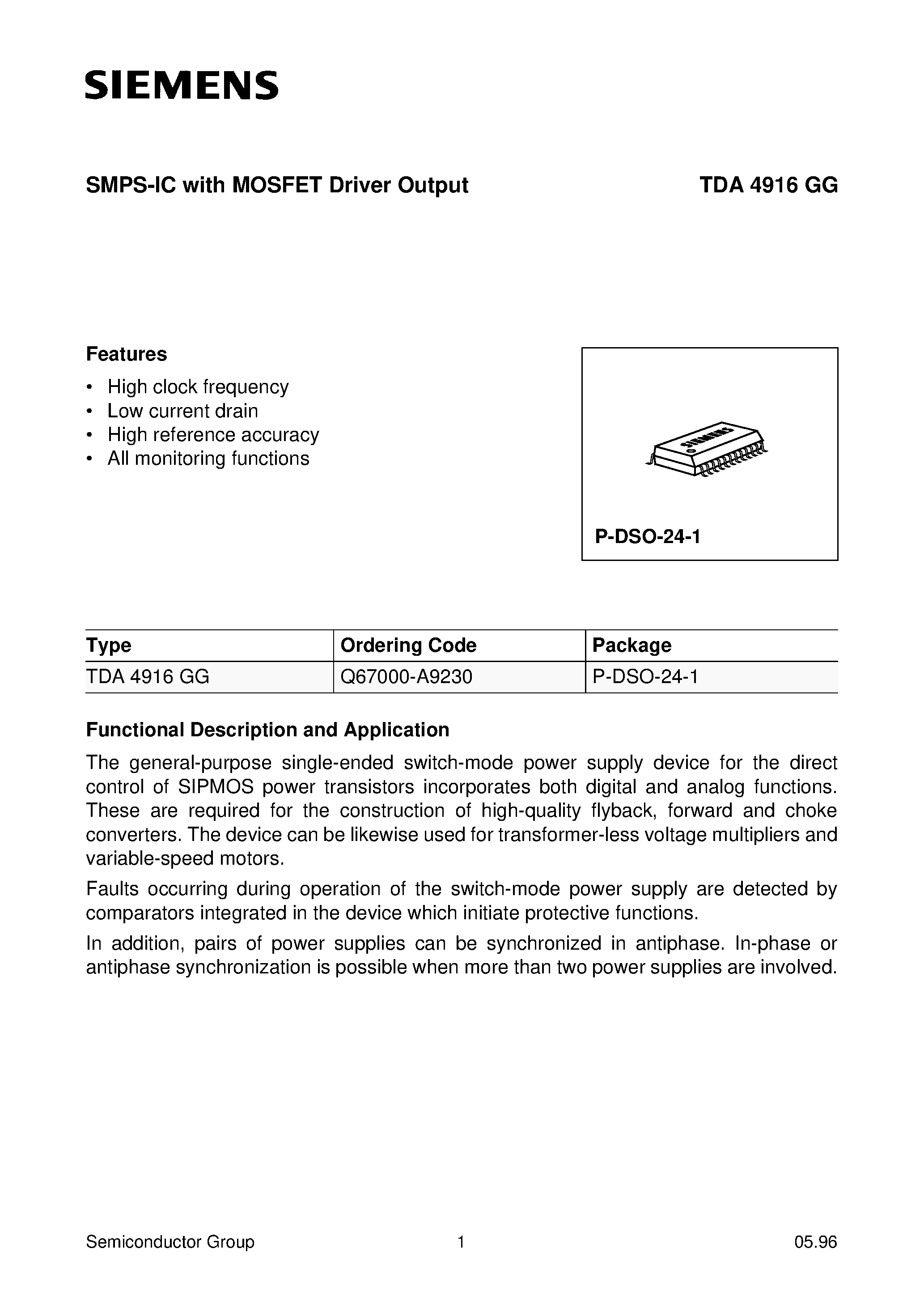 Datasheet TDA4916GG - SMPS-IC with MOSFET Driver Output page 1