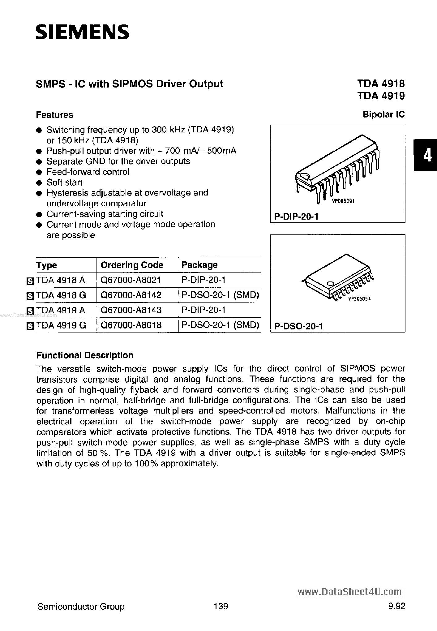 Datasheet TDA4918A page 1 Datasheet TDA4918A - SMPS - IC with SIPMOS Driver Output page 1