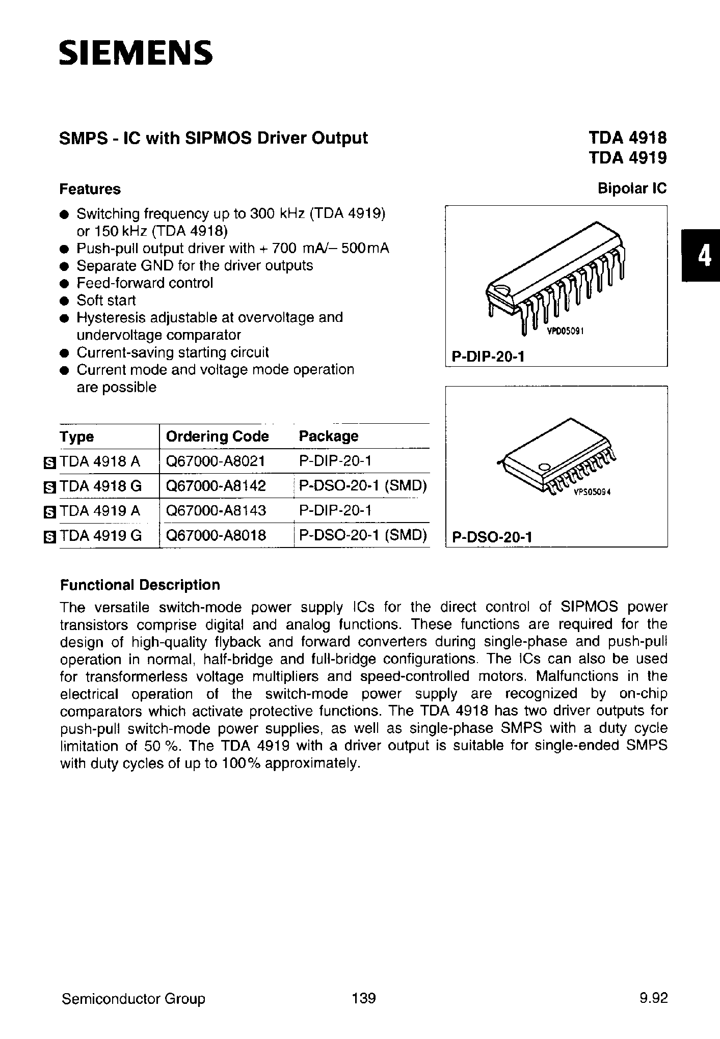 Datasheet TDA4918G - SMPS - IC with SIPMOS Driver Output page 1