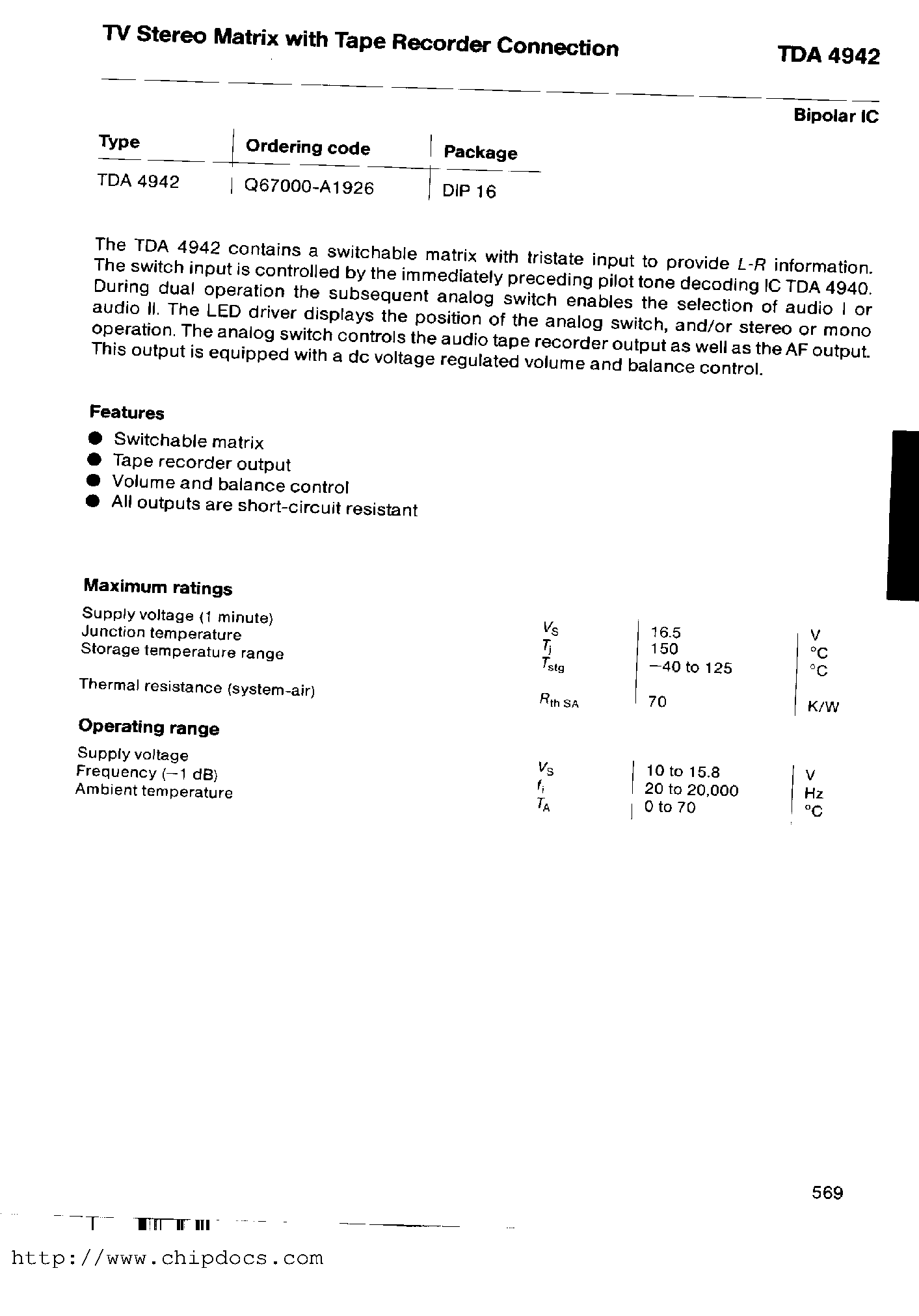 Даташит TDA4942 - TV Stereo Matrix with Tape Recorder Connection страница 1