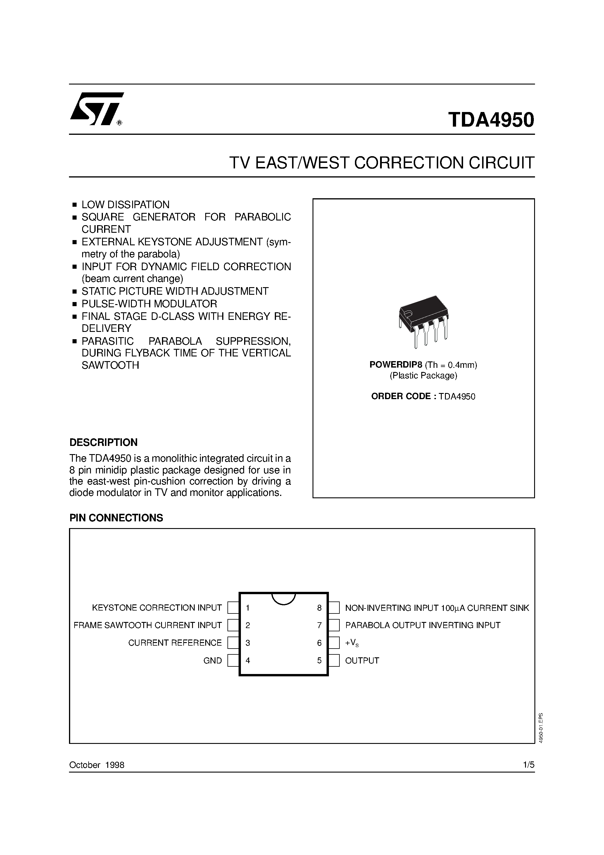 Даташит на микросхему TDA4950 страница 1 Даташит TDA4950 - TV EAST/WEST CORRECTION CIRCUIT страница 1