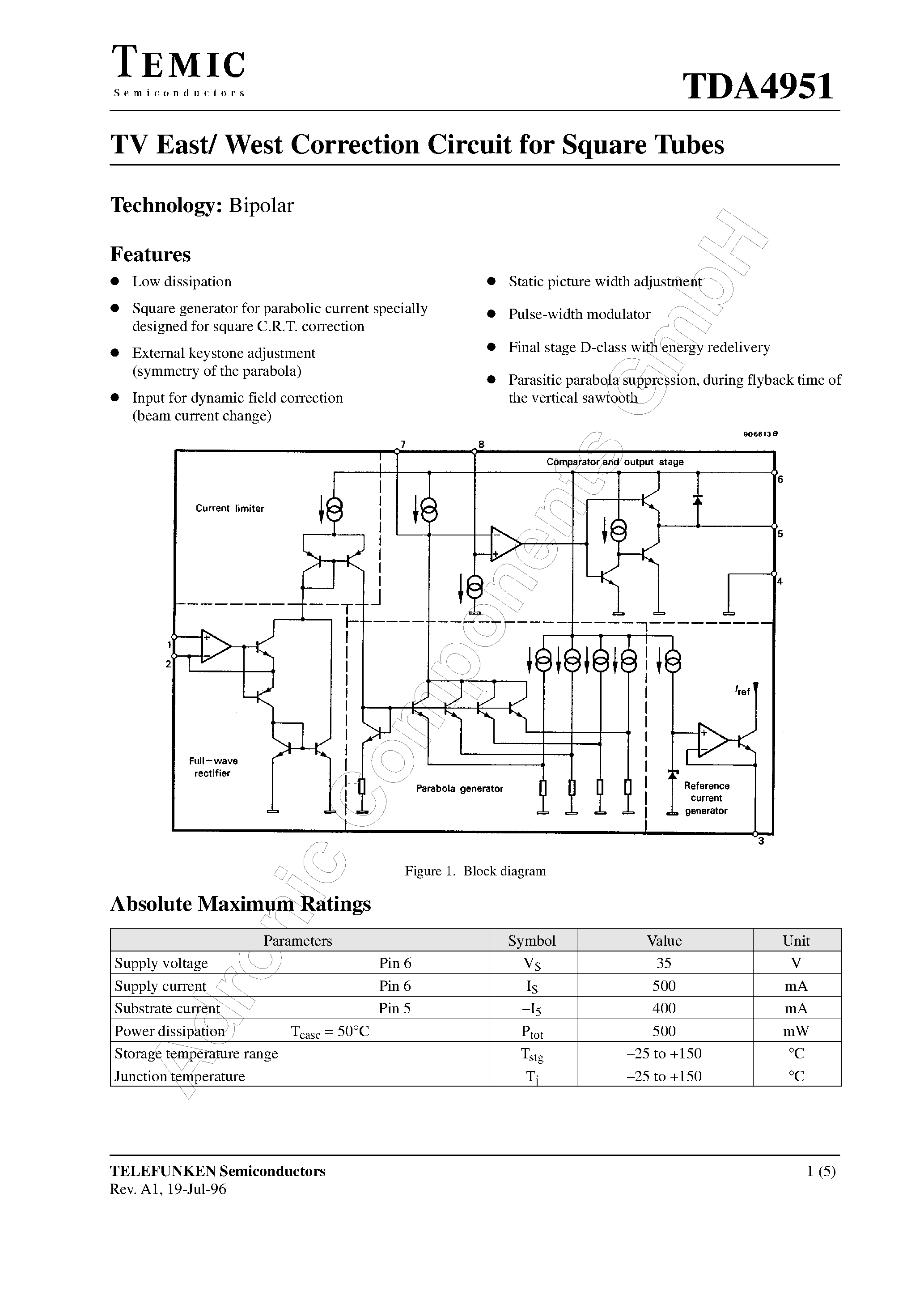 Даташит на микросхему TDA4951 страница 1 Даташит TDA4951 - TV East/ West Correction Circuit for Square Tubes страница 1