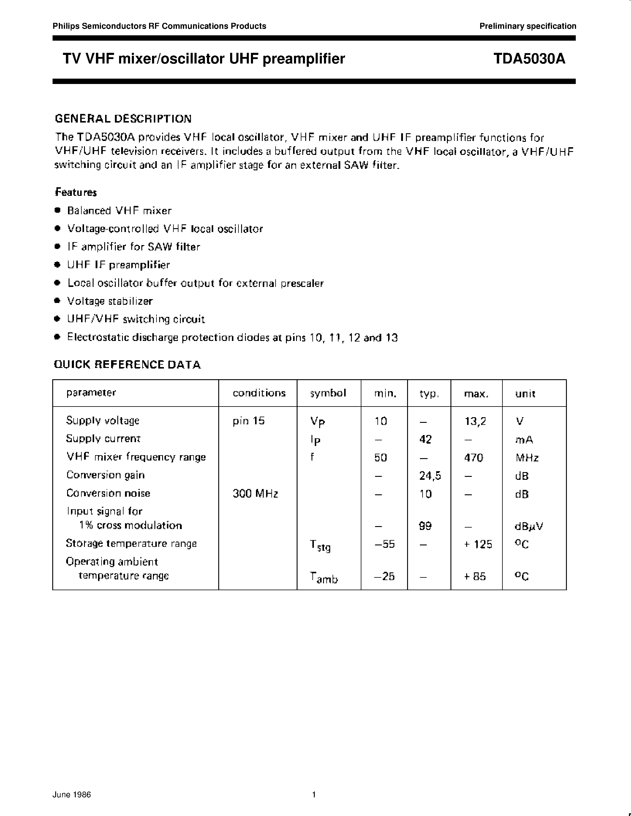 Даташит TDA5030A - TV VHF mixer/oscillator UHF preamplifier страница 1