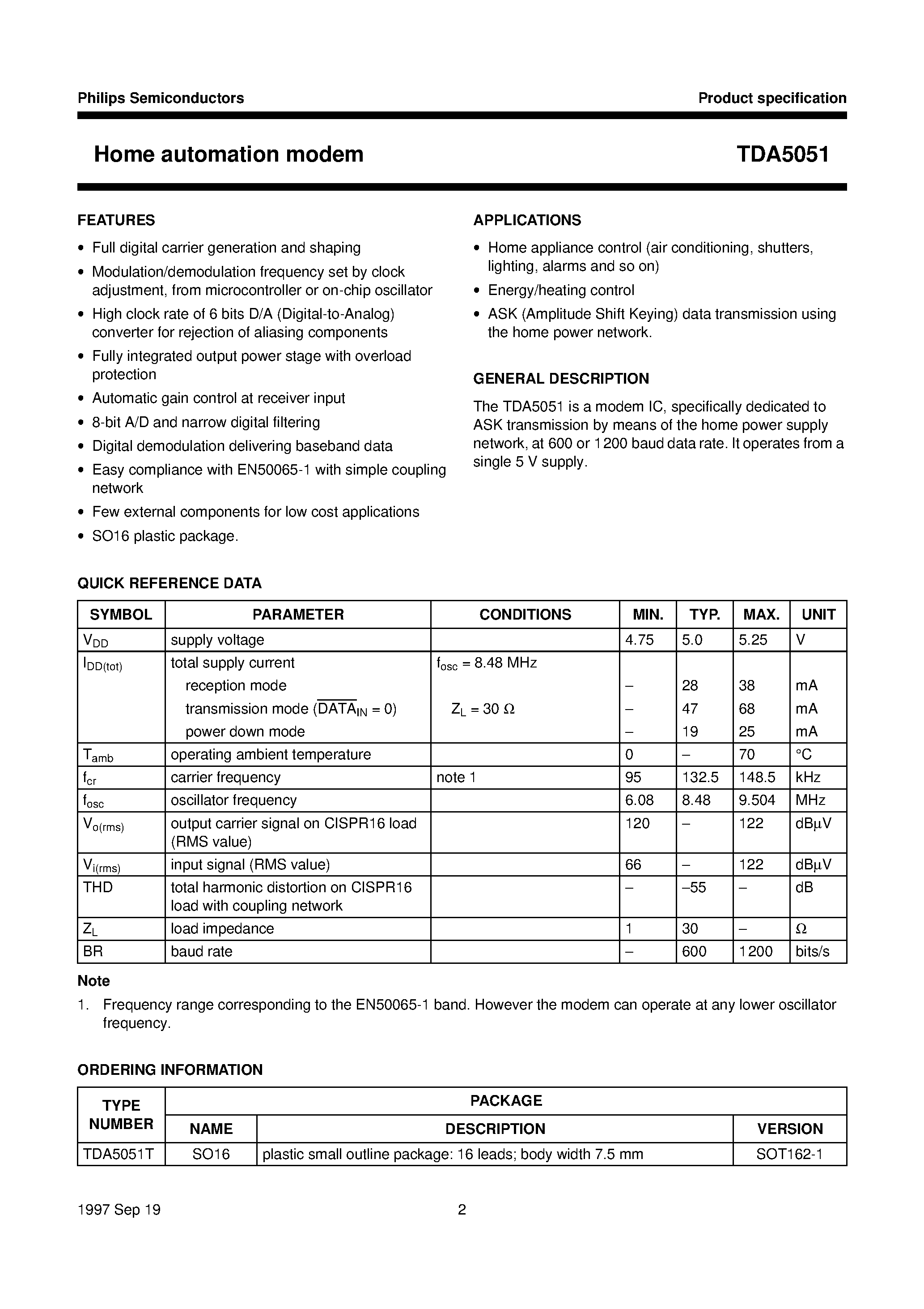 Даташит TDA5051 - Home automation modem страница 2