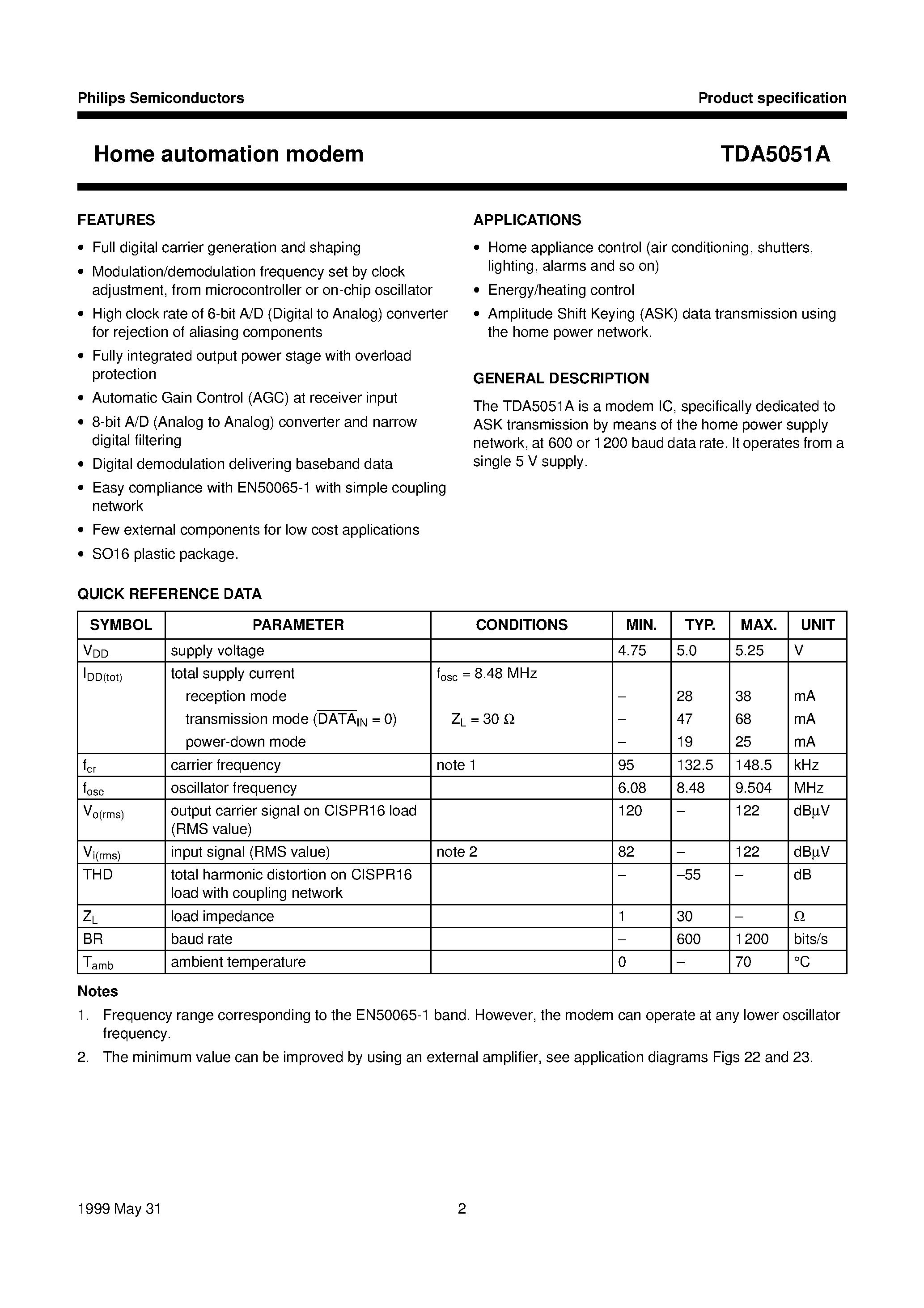 Даташит TDA5051A - Home automation modem страница 2