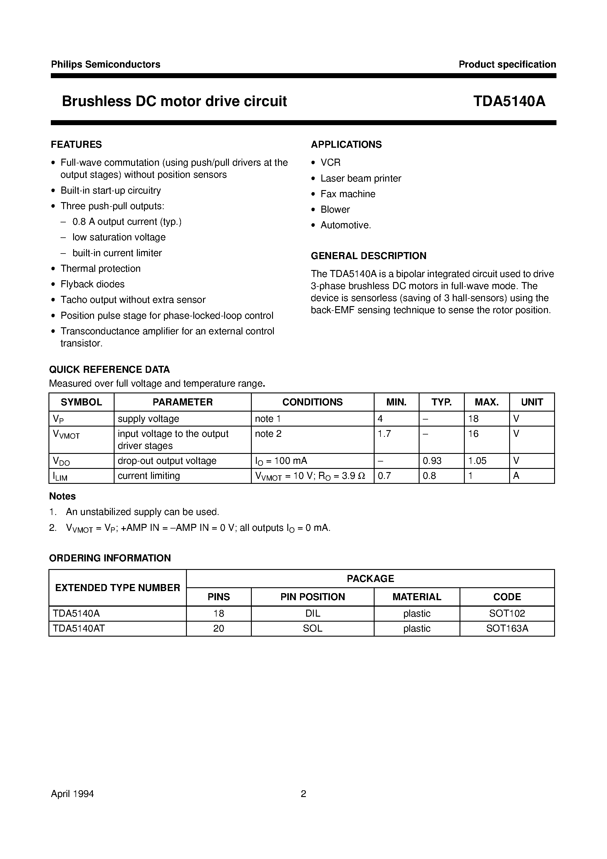 Даташит на микросхему TDA5140AT страница 2 Даташит TDA5140AT - Brushless DC motor drive circuit страница 2