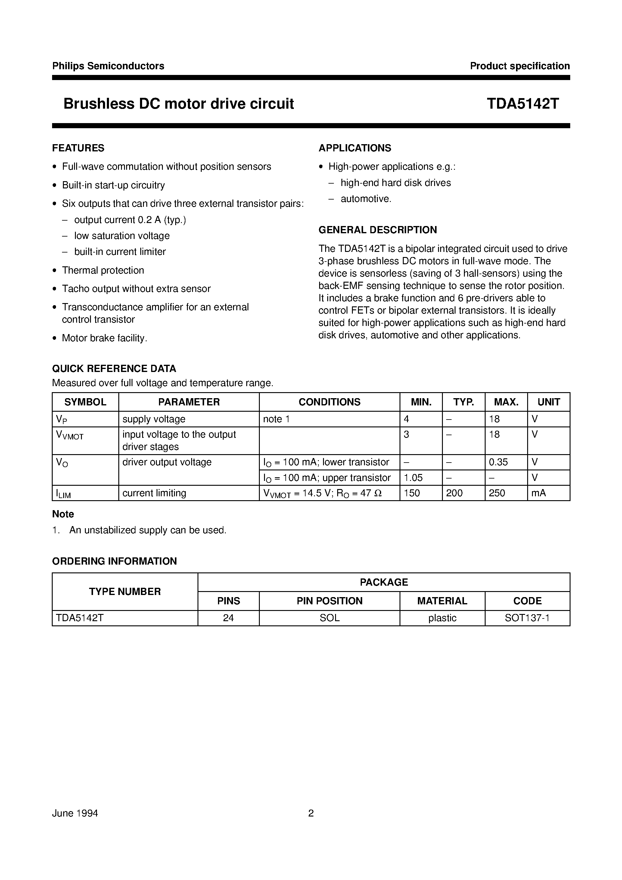 Даташит TDA5142T - Brushless DC motor drive circuit страница 2