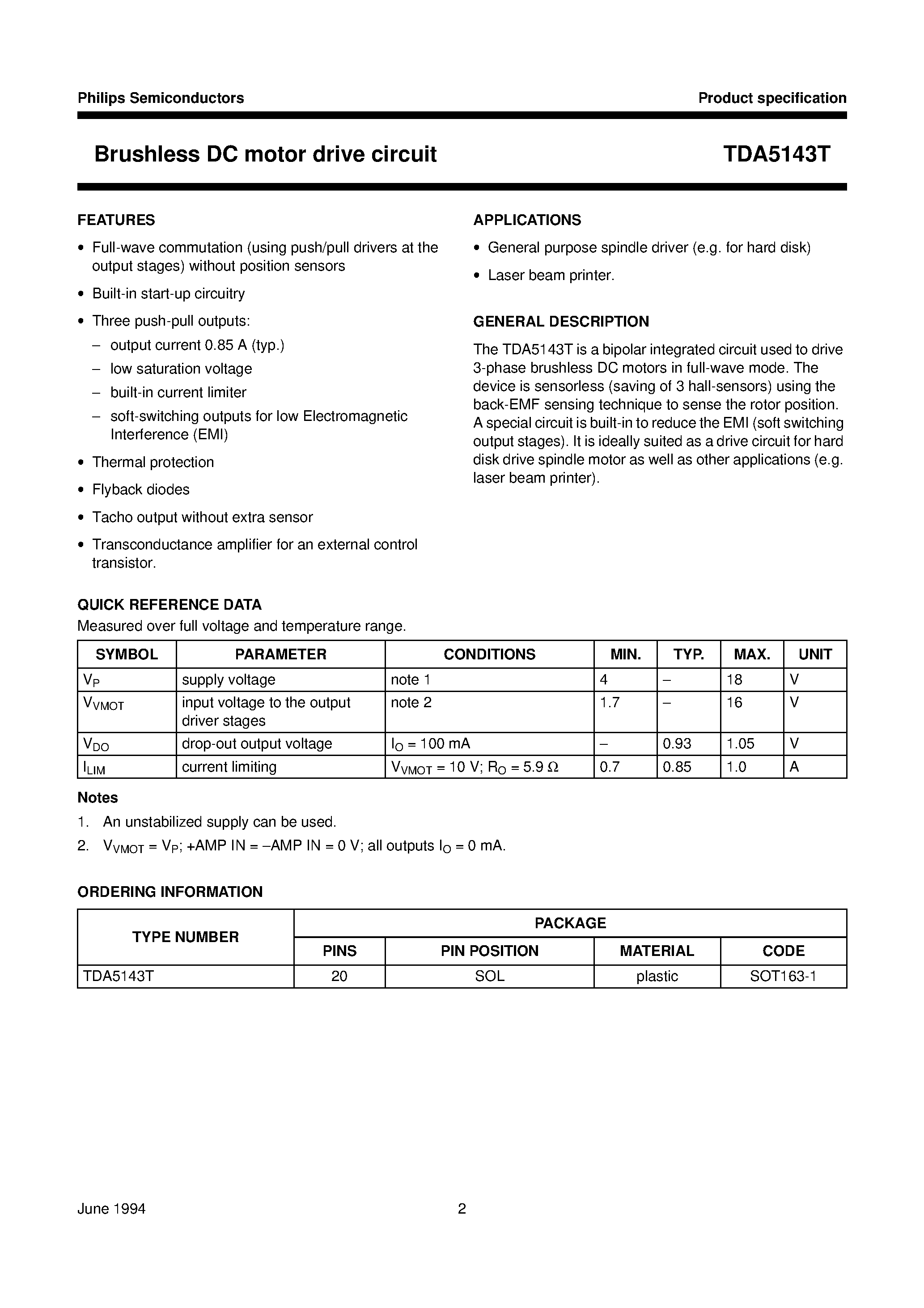 Даташит TDA5143 - Brushless DC motor drive circuit страница 2