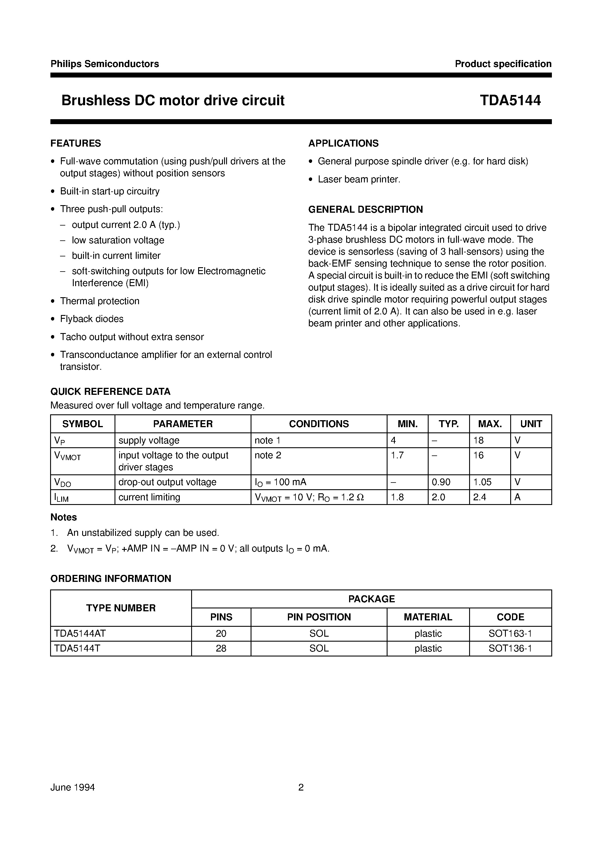 Даташит TDA5144T - Brushless DC motor drive circuit страница 2