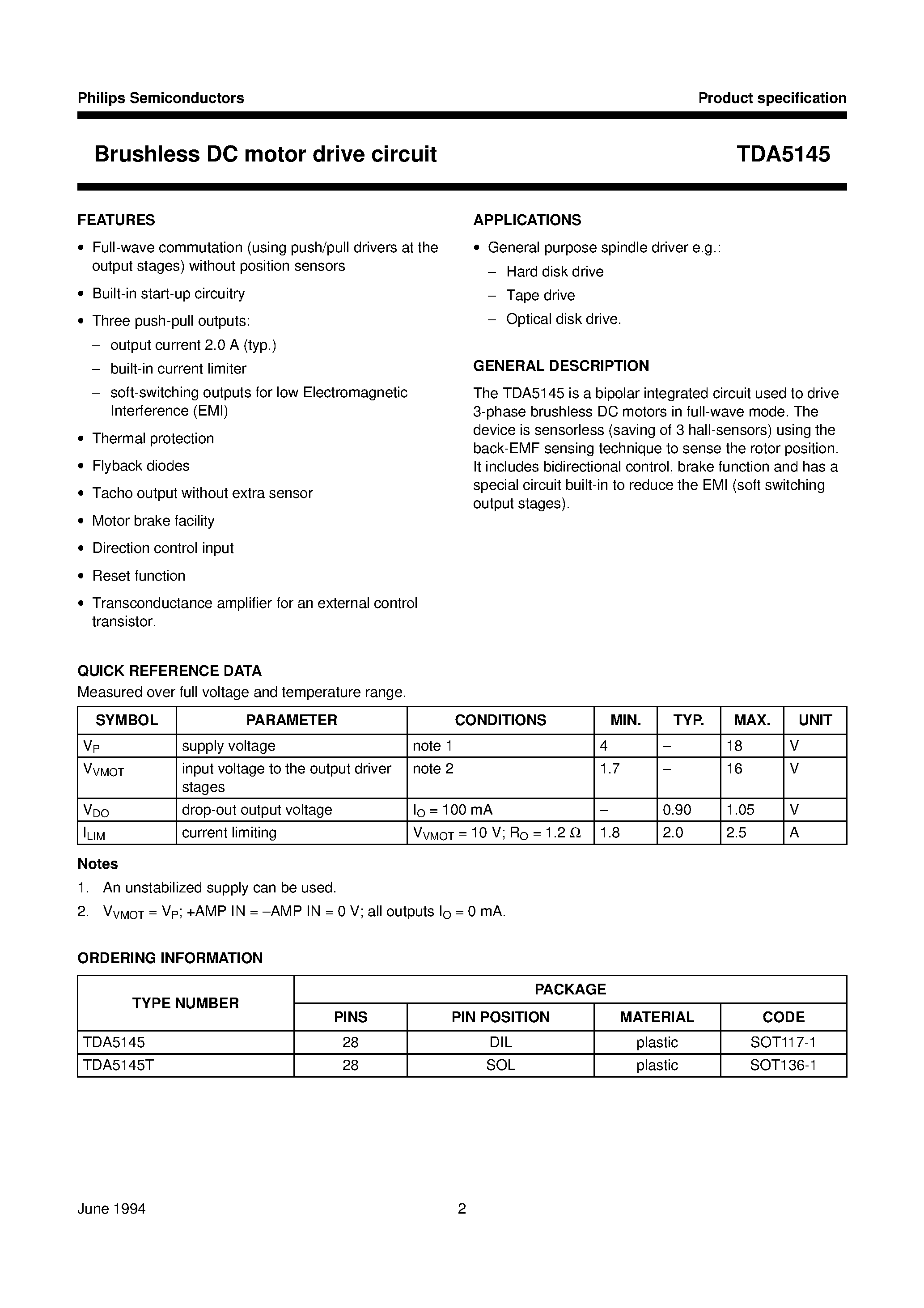 Даташит TDA5145T - Brushless DC motor drive circuit страница 2