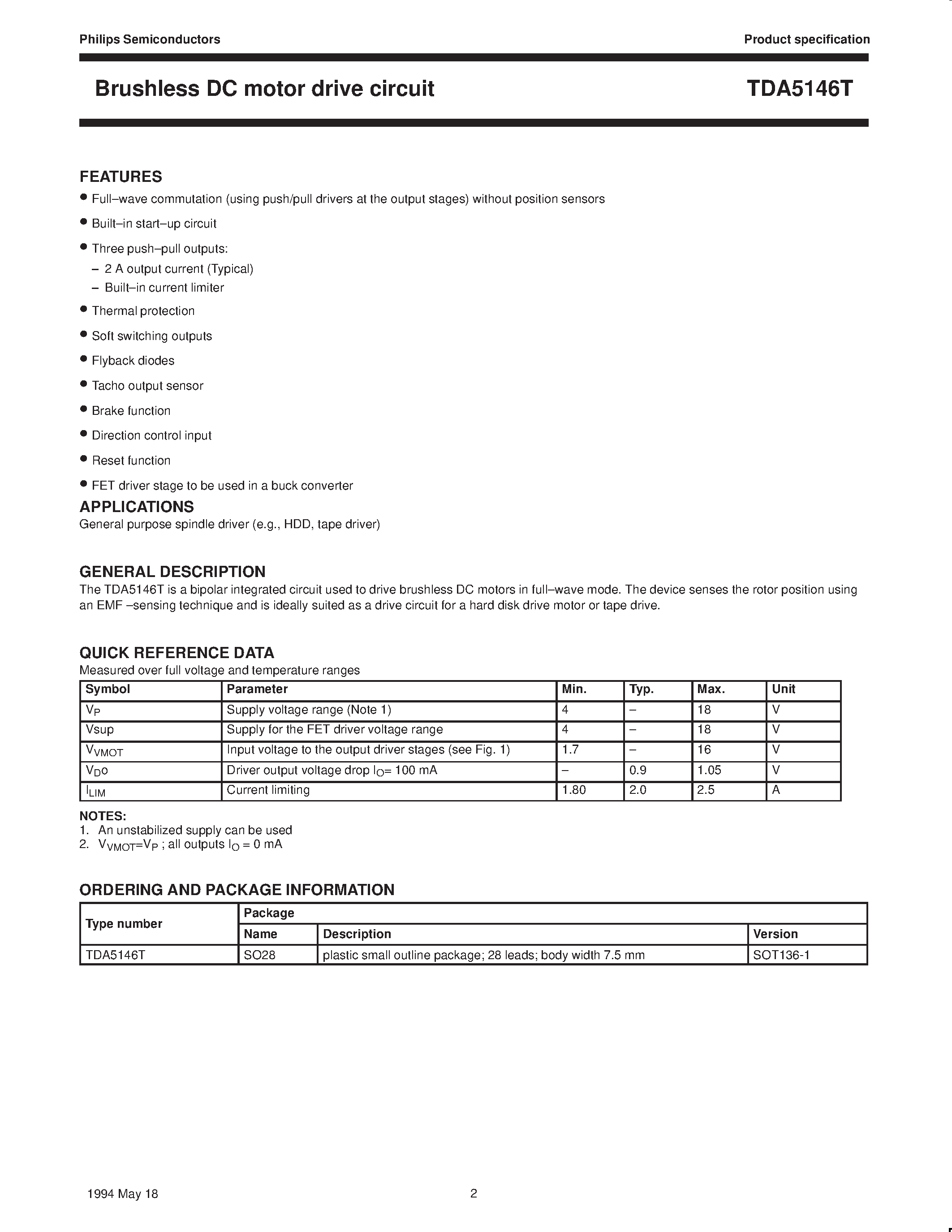 Даташит TDA5146T - Brushless DC motor drive circuit страница 2