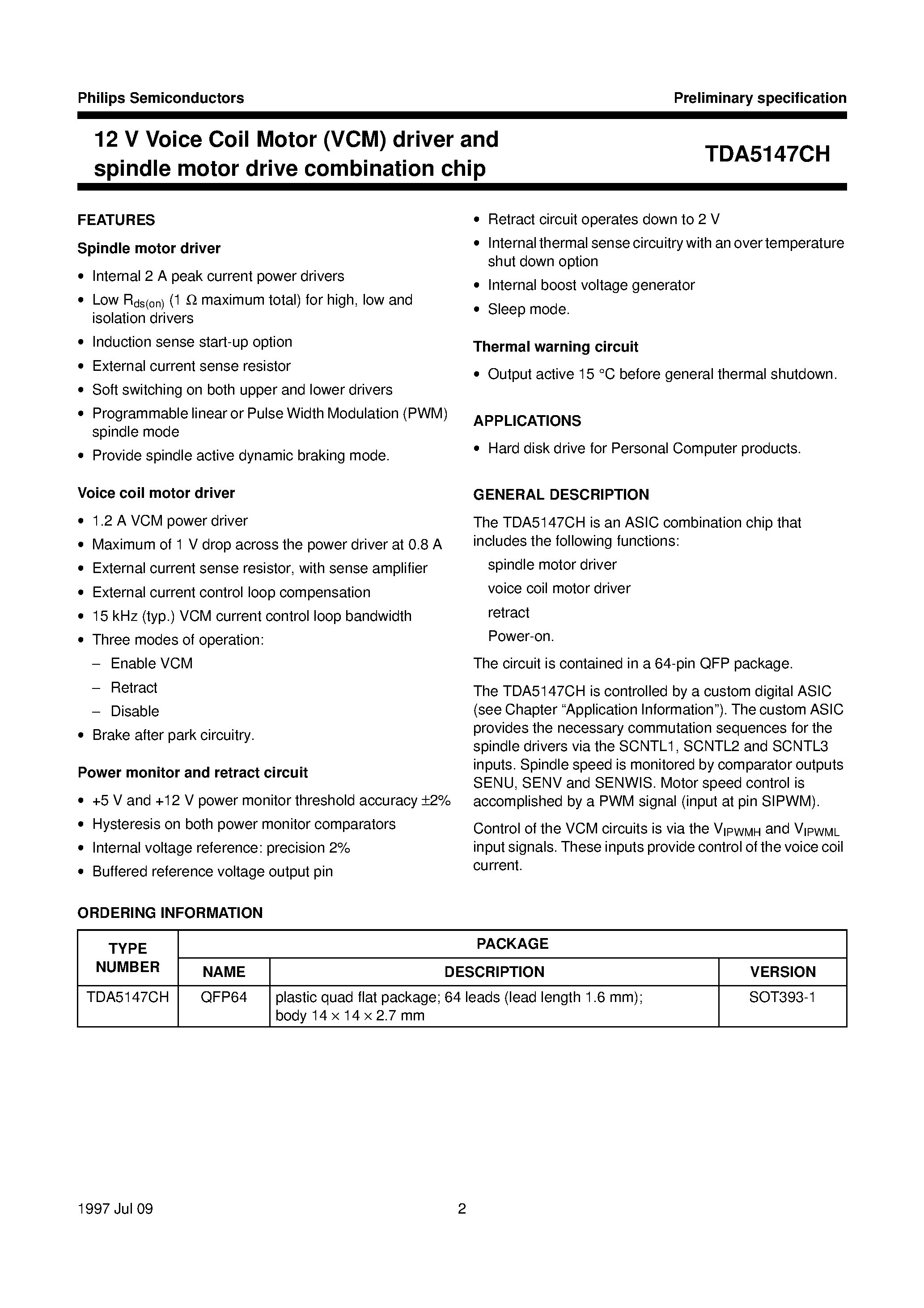 Datasheet TDA5147CH page 2 Datasheet TDA5147CH - 12 V Voice Coil Motor VCM driver and spindle motor drive combination chip page 2
