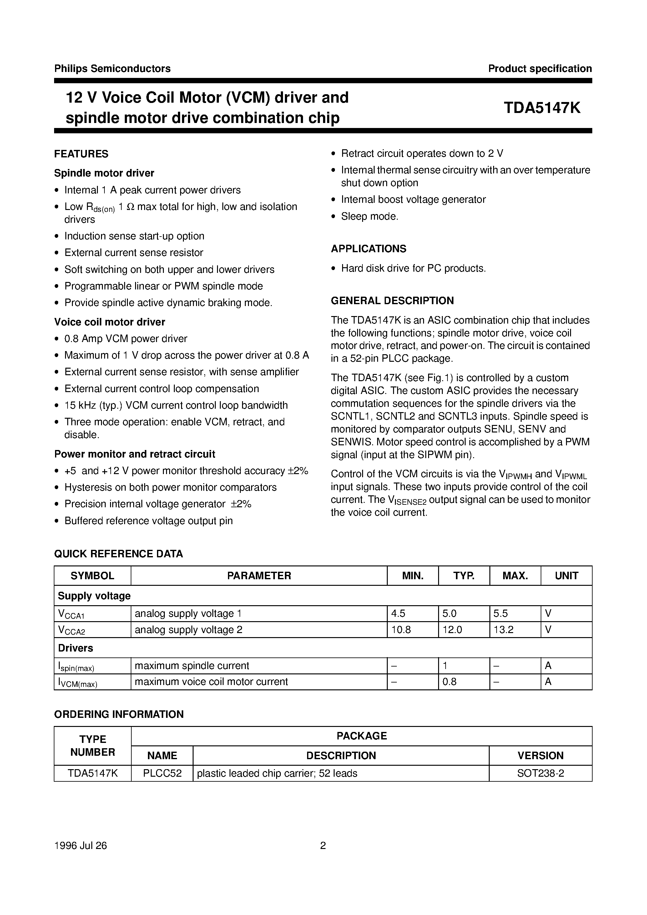 Datasheet TDA5147K page 2 Datasheet TDA5147K - 12 V Voice Coil Motor VCM driver and spindle motor drive combination chip page 2