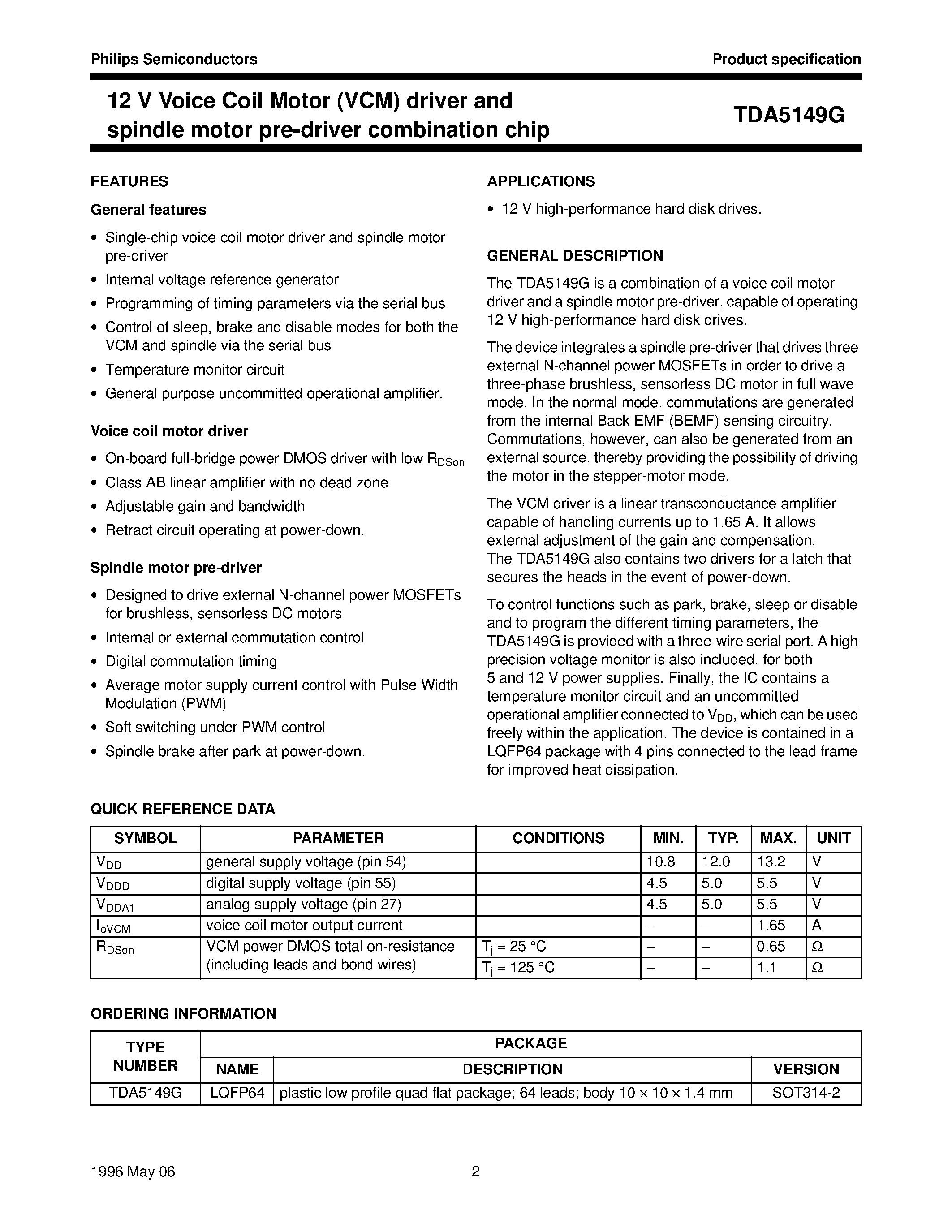 Datasheet TDA5149 page 2 Datasheet TDA5149 - 12 V Voice Coil Motor VCM driver and spindle motor pre-driver combination chip page 2