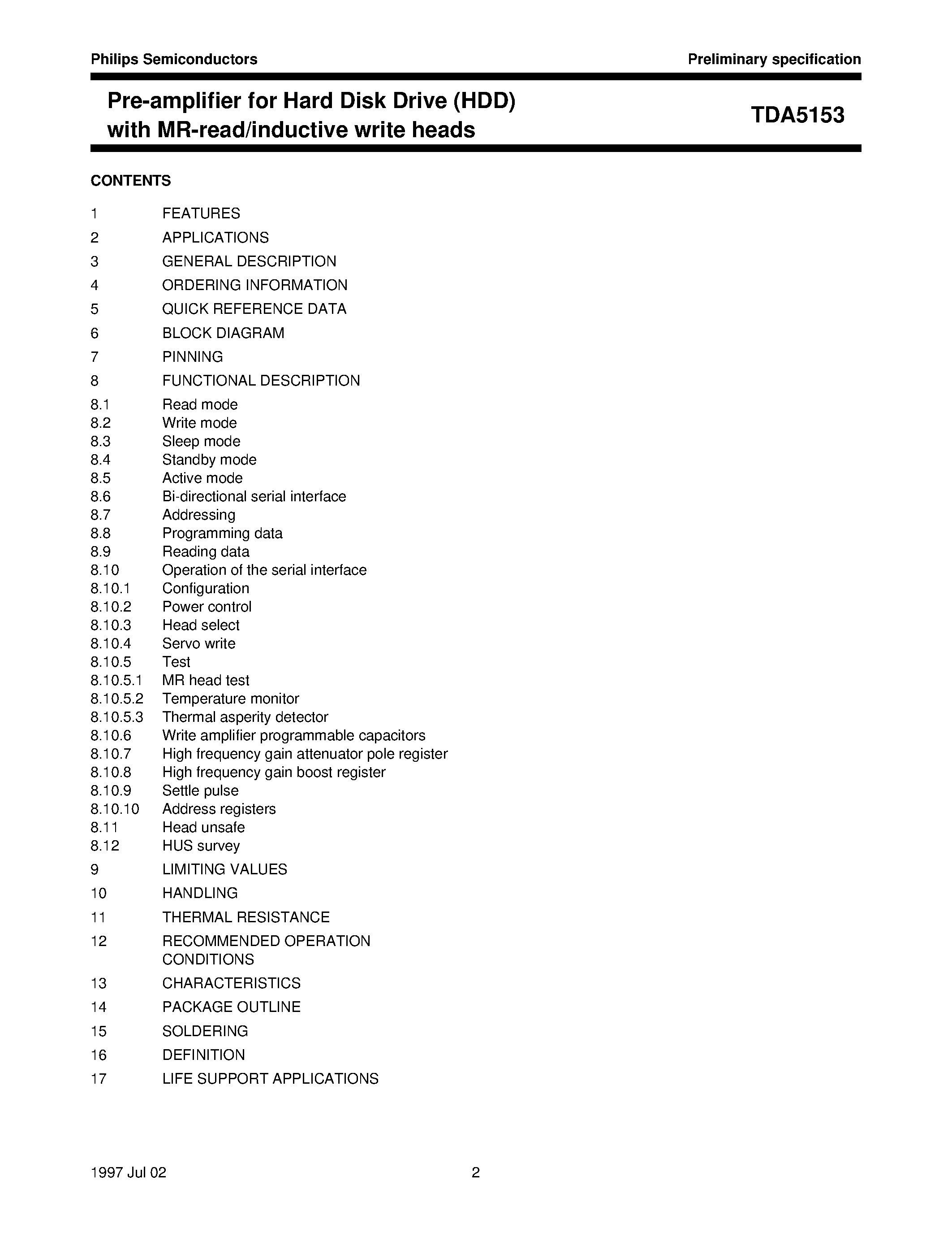 Даташит TDA5153AG - Pre-amplifier for Hard Disk Drive HDD with MR-read/inductive write heads страница 2