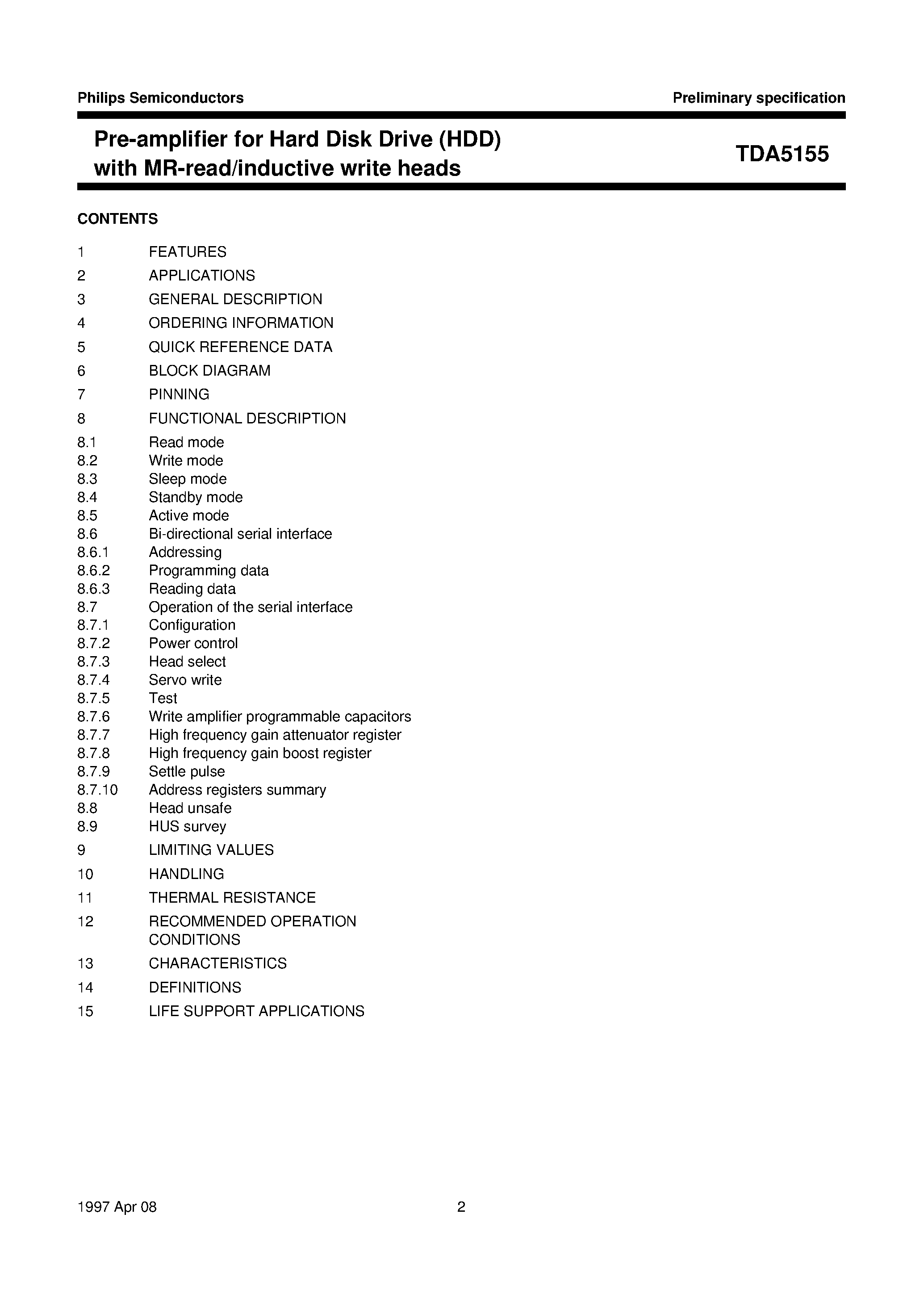 Даташит TDA5155X - Pre-amplifier for Hard Disk Drive HDD with MR-read/inductive write heads страница 2