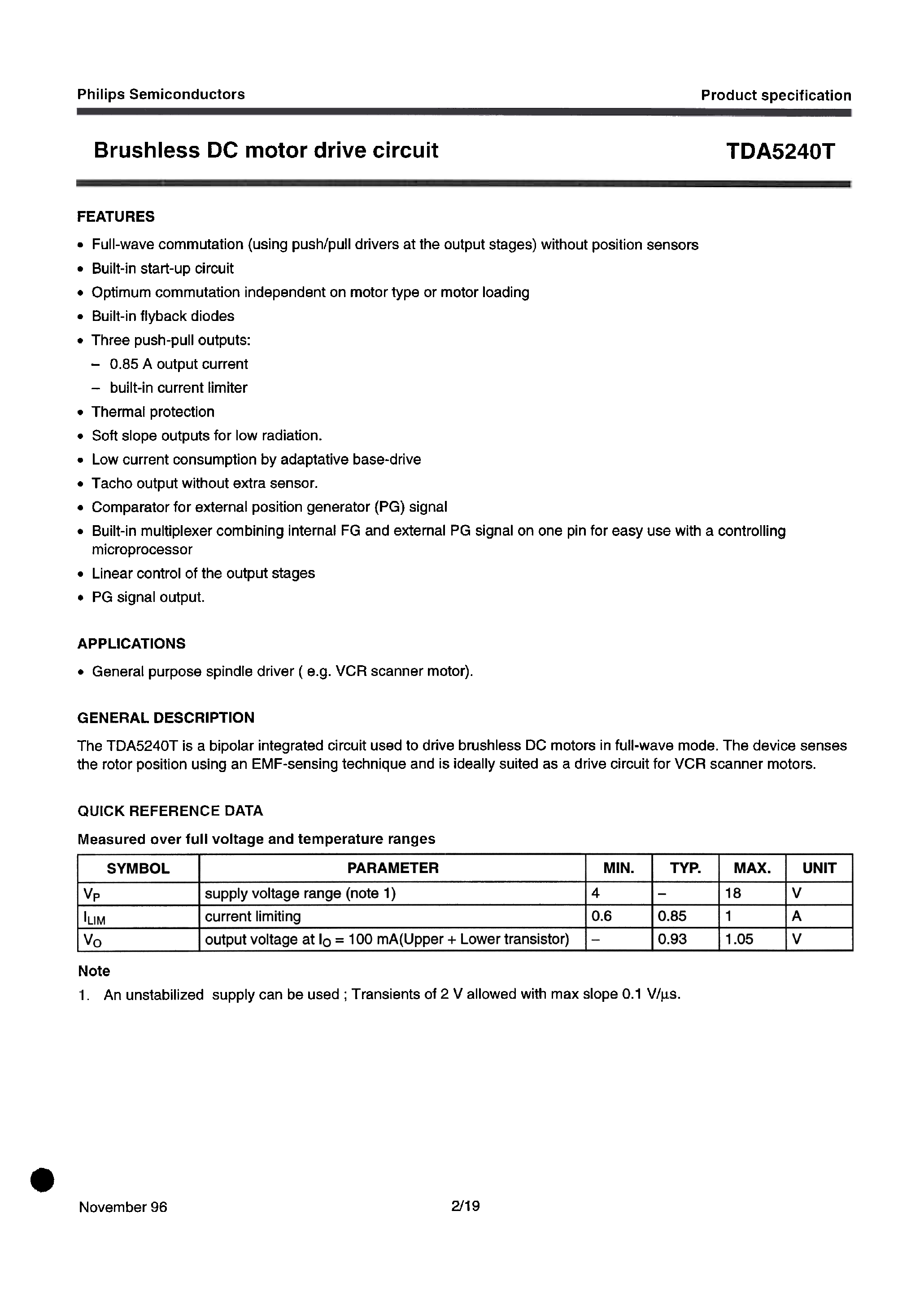 Даташит TDA5240T - Brushless DC motor drive circuit страница 2