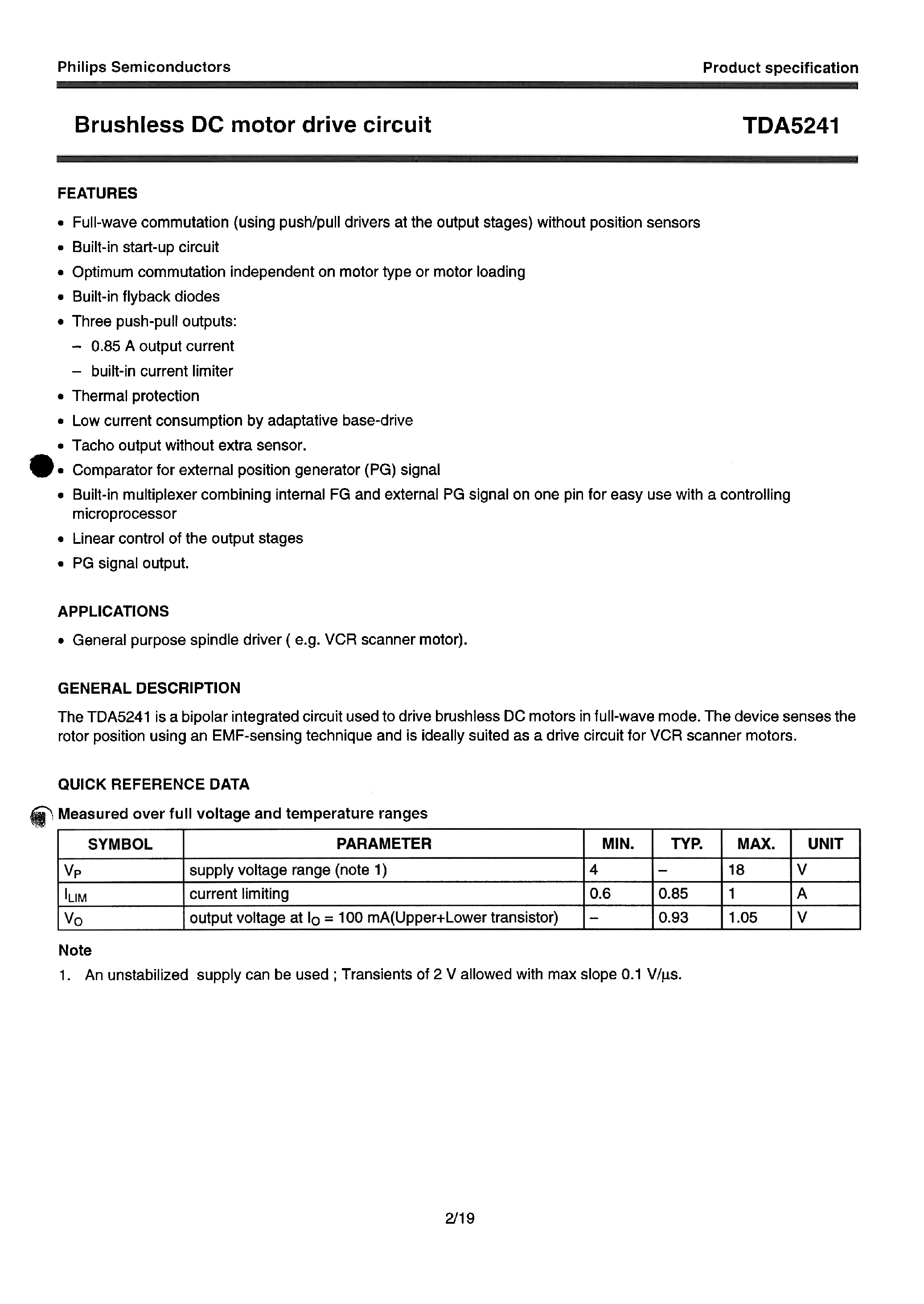 Даташит TDA5241 - Brushless DC motor drive circuit страница 2