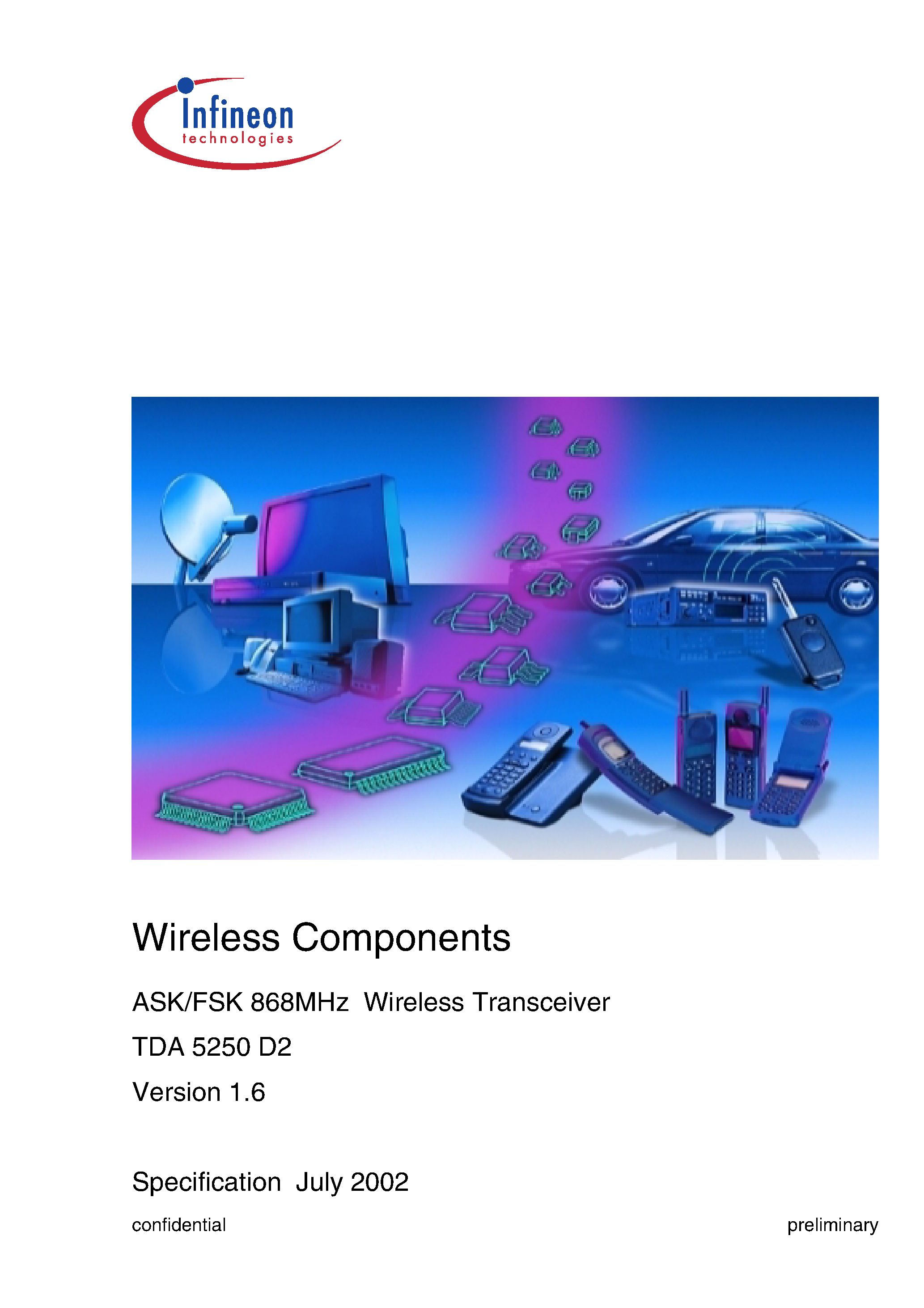 Datasheet TDA5250D2 page 1 Datasheet TDA5250D2 - ASK/FSK 868MHz Wireless Transceiver page 1