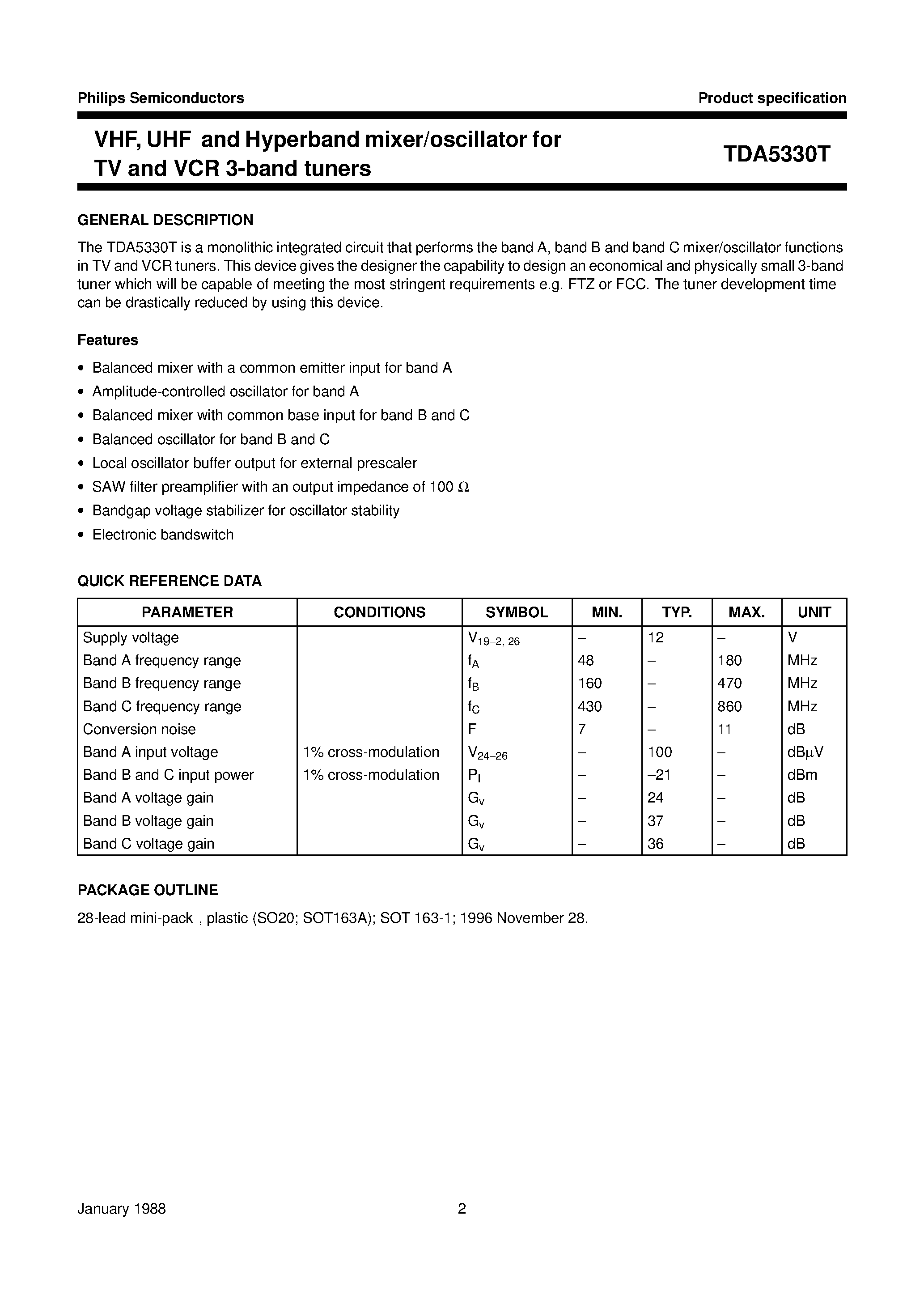 Даташит на микросхему TDA5330T страница 2 Даташит TDA5330T - VHF/ UHF and Hyperband mixer/oscillator for TV and VCR 3-band tuners страница 2