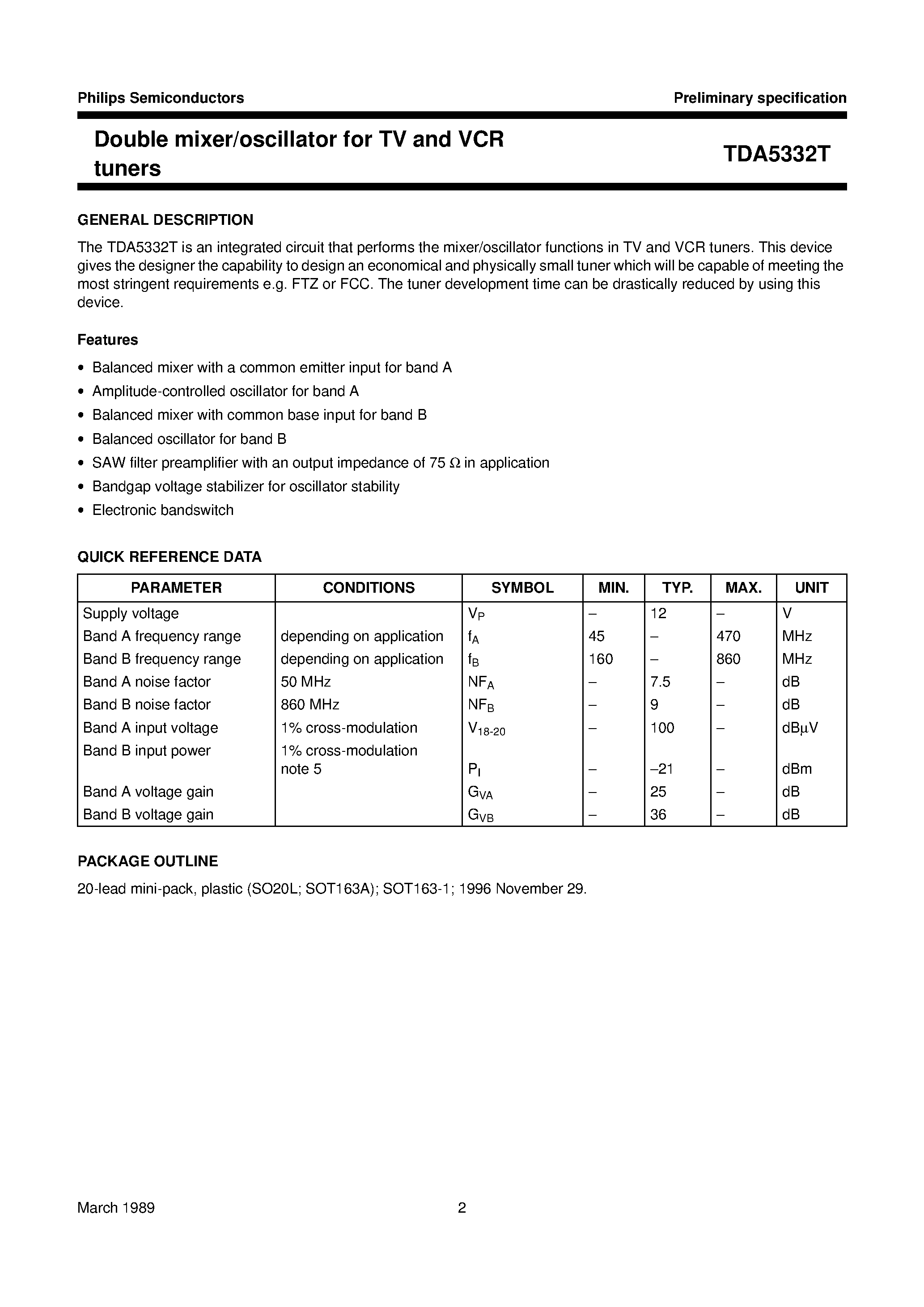 Даташит TDA5332T - Double mixer/oscillator for TV and VCR tuners страница 2