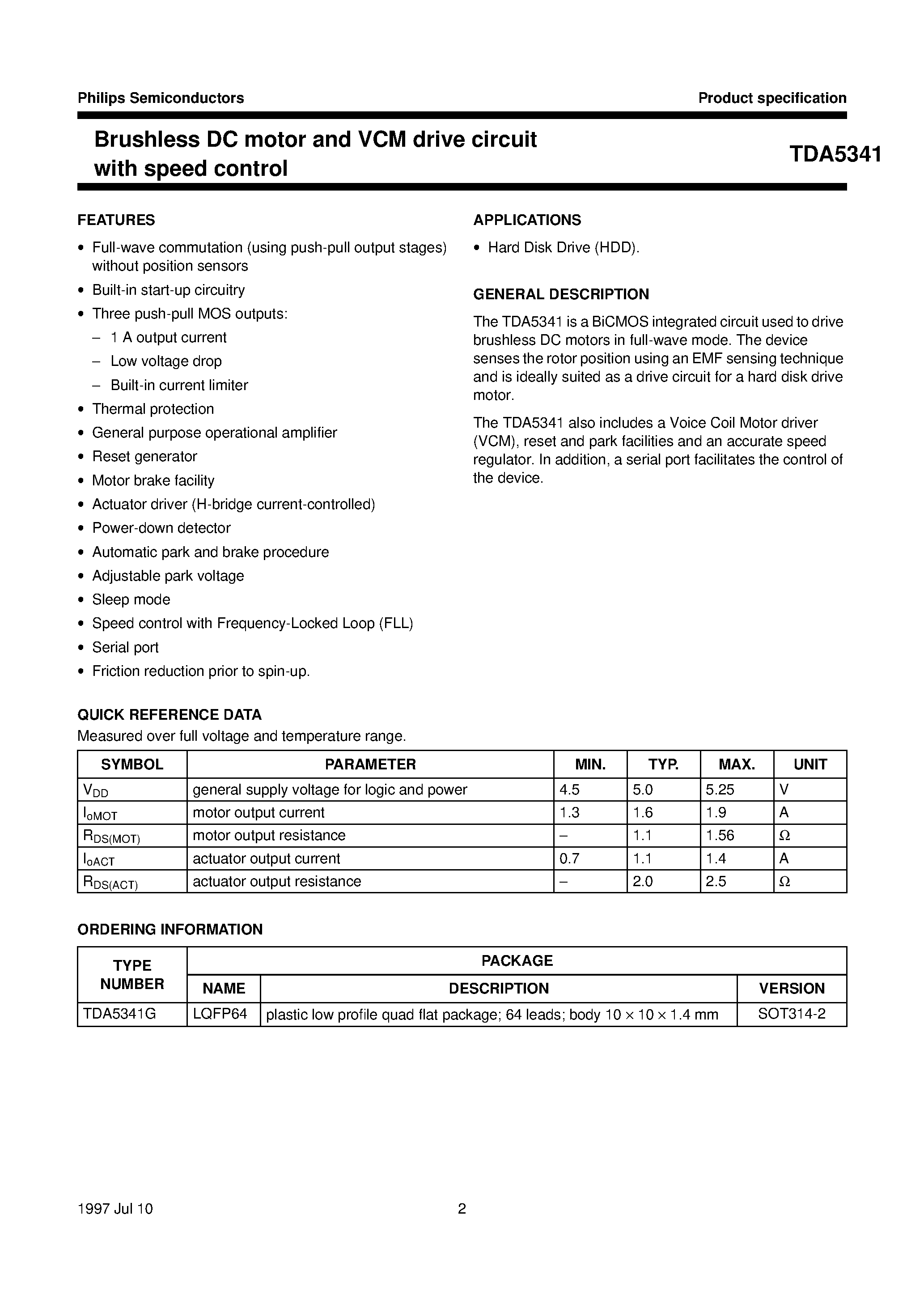 Даташит на микросхему TDA5341 страница 2 Даташит TDA5341 - Brushless DC motor and VCM drive circuit with speed control страница 2