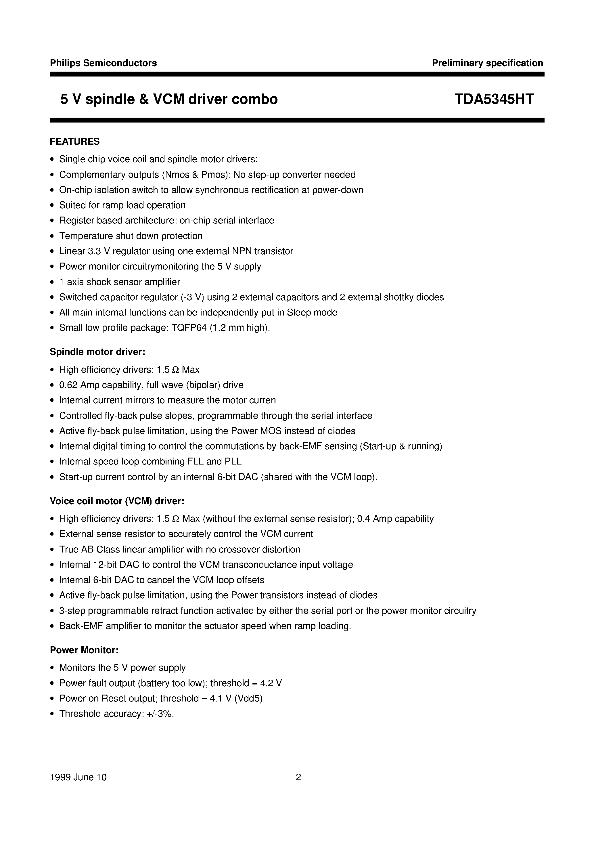 Datasheet TDA5345HT page 2 Datasheet TDA5345HT - 5 V spindle & VCM driver combo page 2