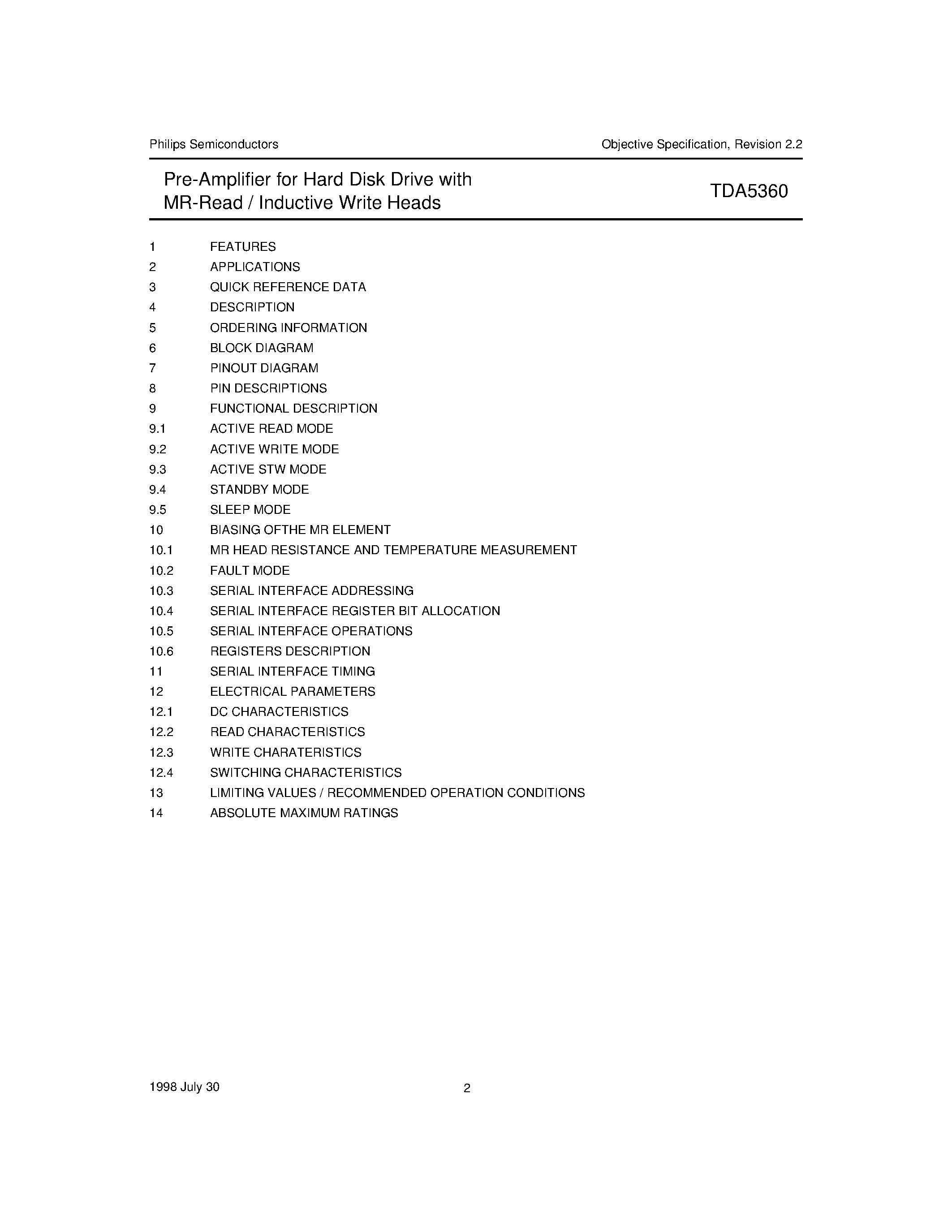 Даташит TDA5360UK - Pre-Amplifier for Hard Disk Drive with MR-Read / Inductive Write Heads страница 2