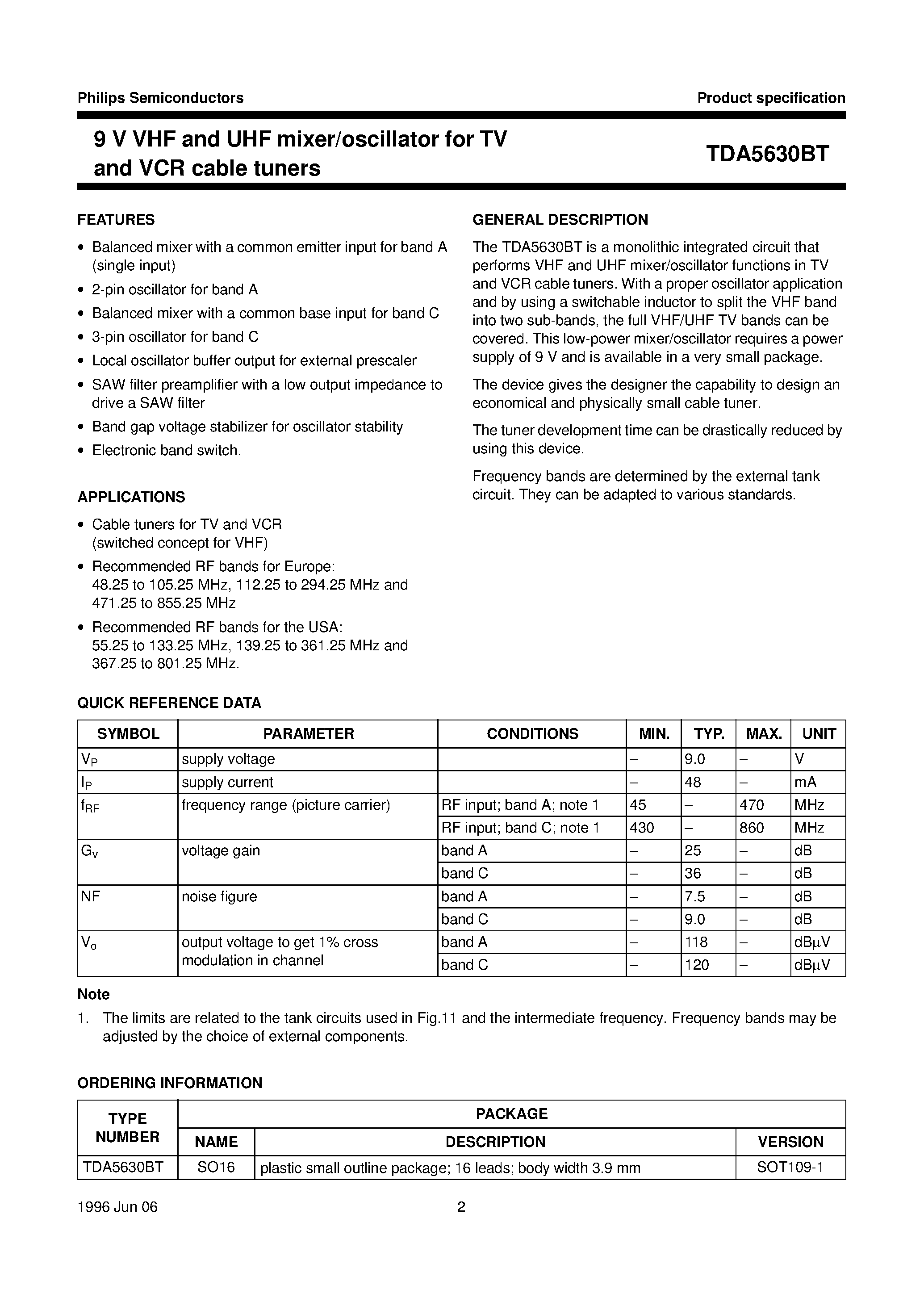Datasheet TDA5630BT - 9 V VHF and UHF mixer/oscillator for TV and VCR cable tuners page 2