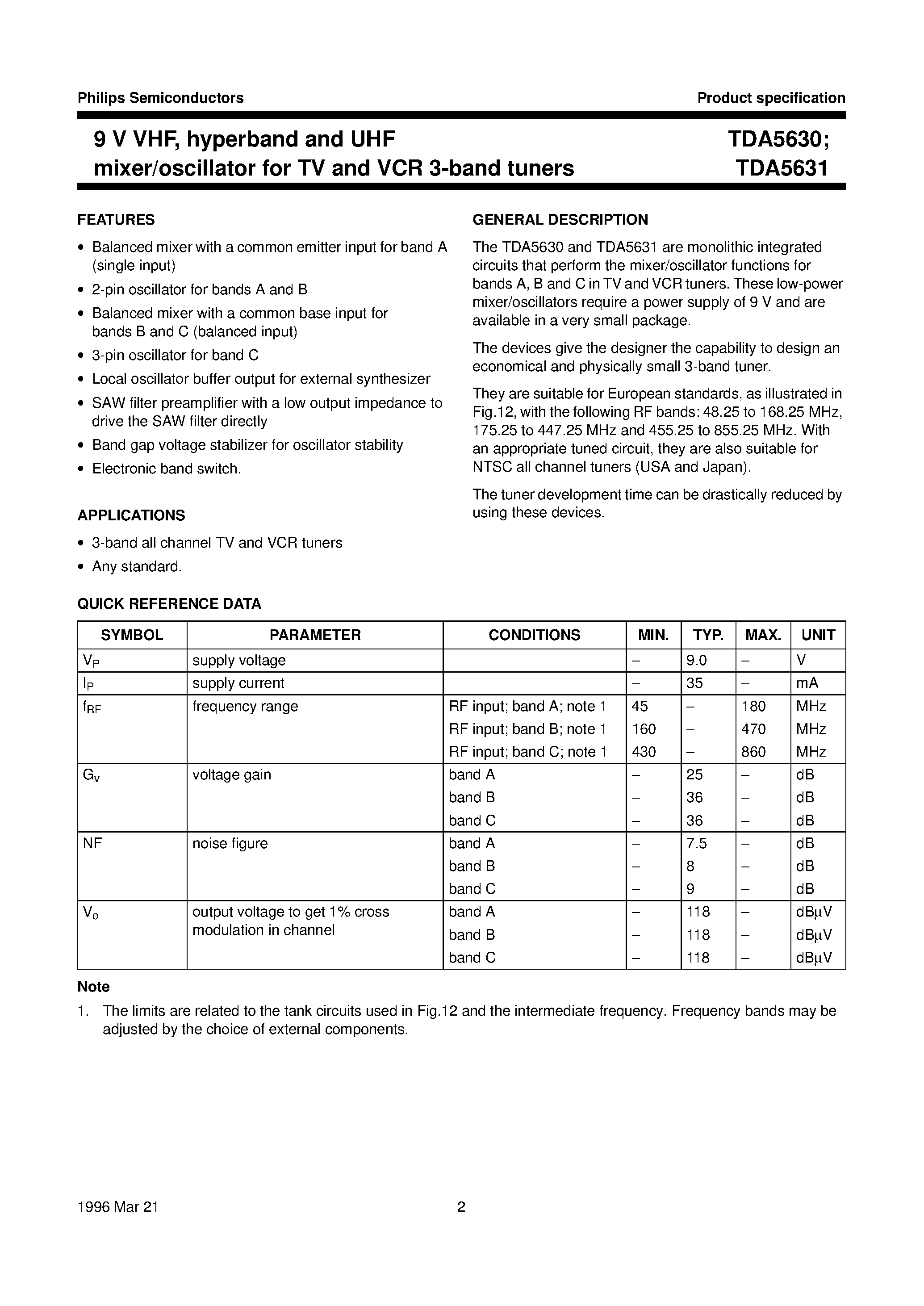 Даташит на микросхему TDA5630M страница 2 Даташит TDA5630M - 9 V VHF/ hyperband and UHF mixer/oscillator for TV and VCR 3-band tuners страница 2
