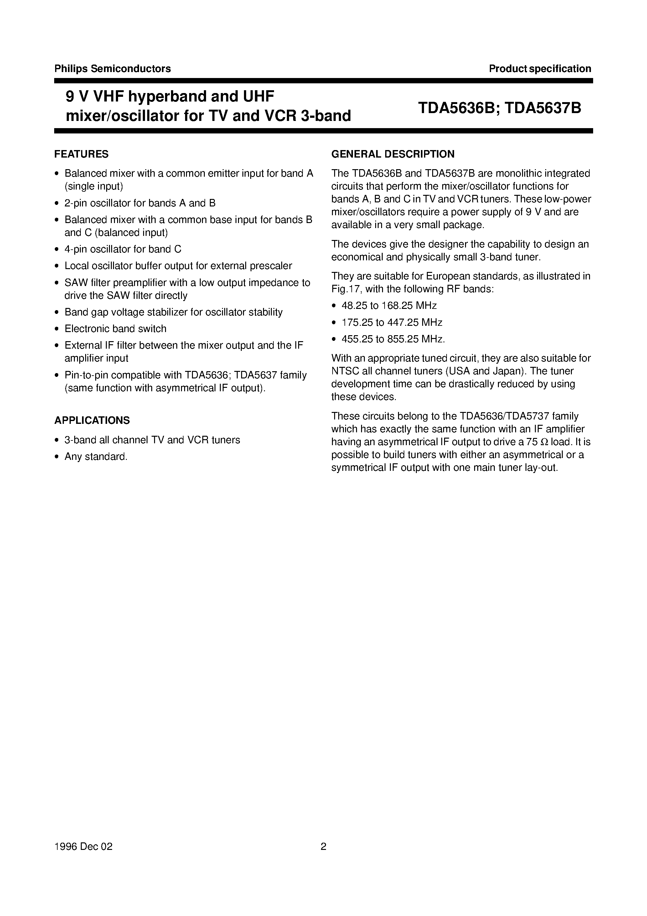 Datasheet TDA5637BT - 9 V VHF hyperband and UHF mixer/oscillator for TV and VCR 3-band tuners page 2