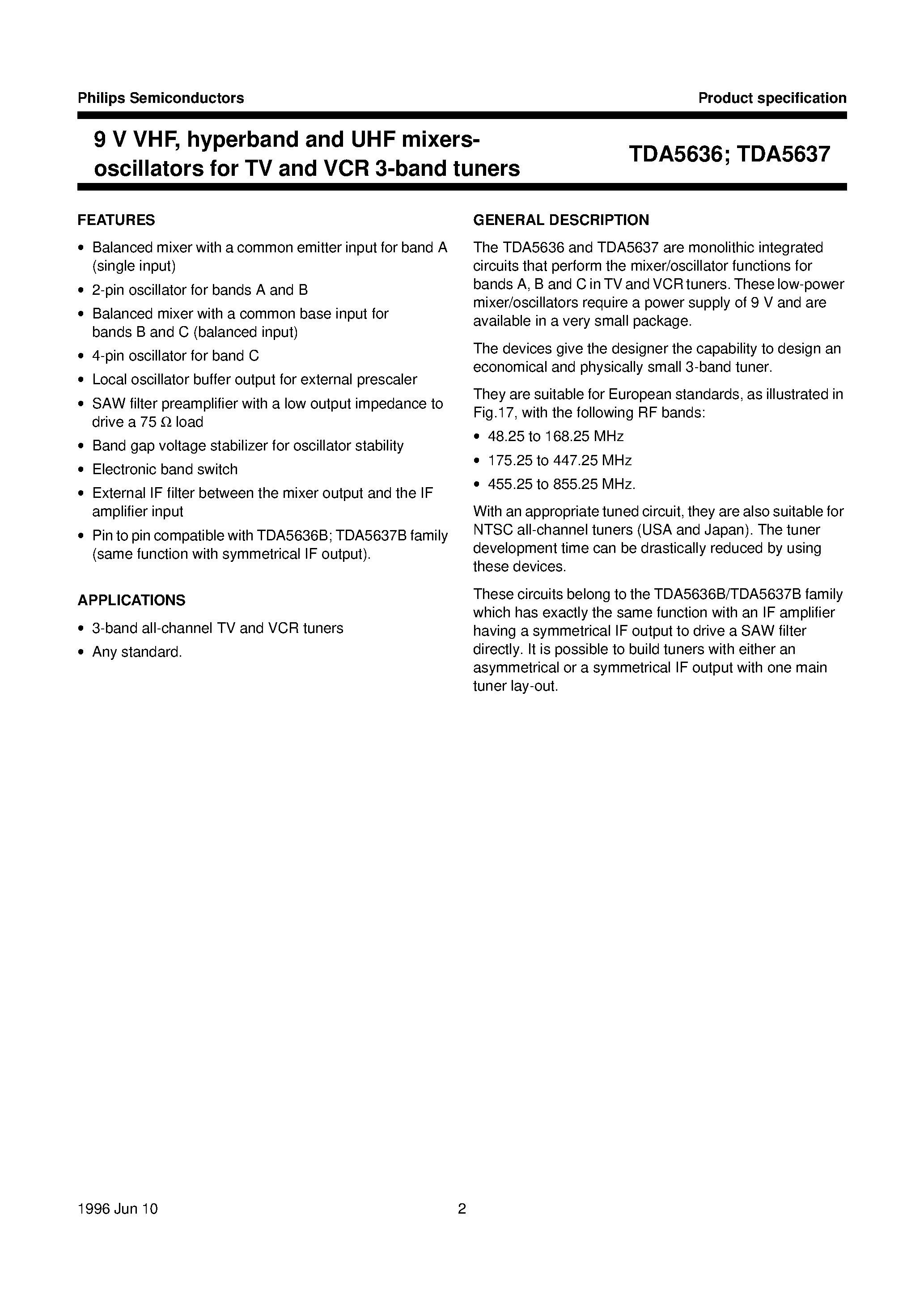Даташит на микросхему TDA5637M страница 2 Даташит TDA5637M - 9 V VHF/ hyperband and UHF mixers- oscillators for TV and VCR 3-band tuners страница 2