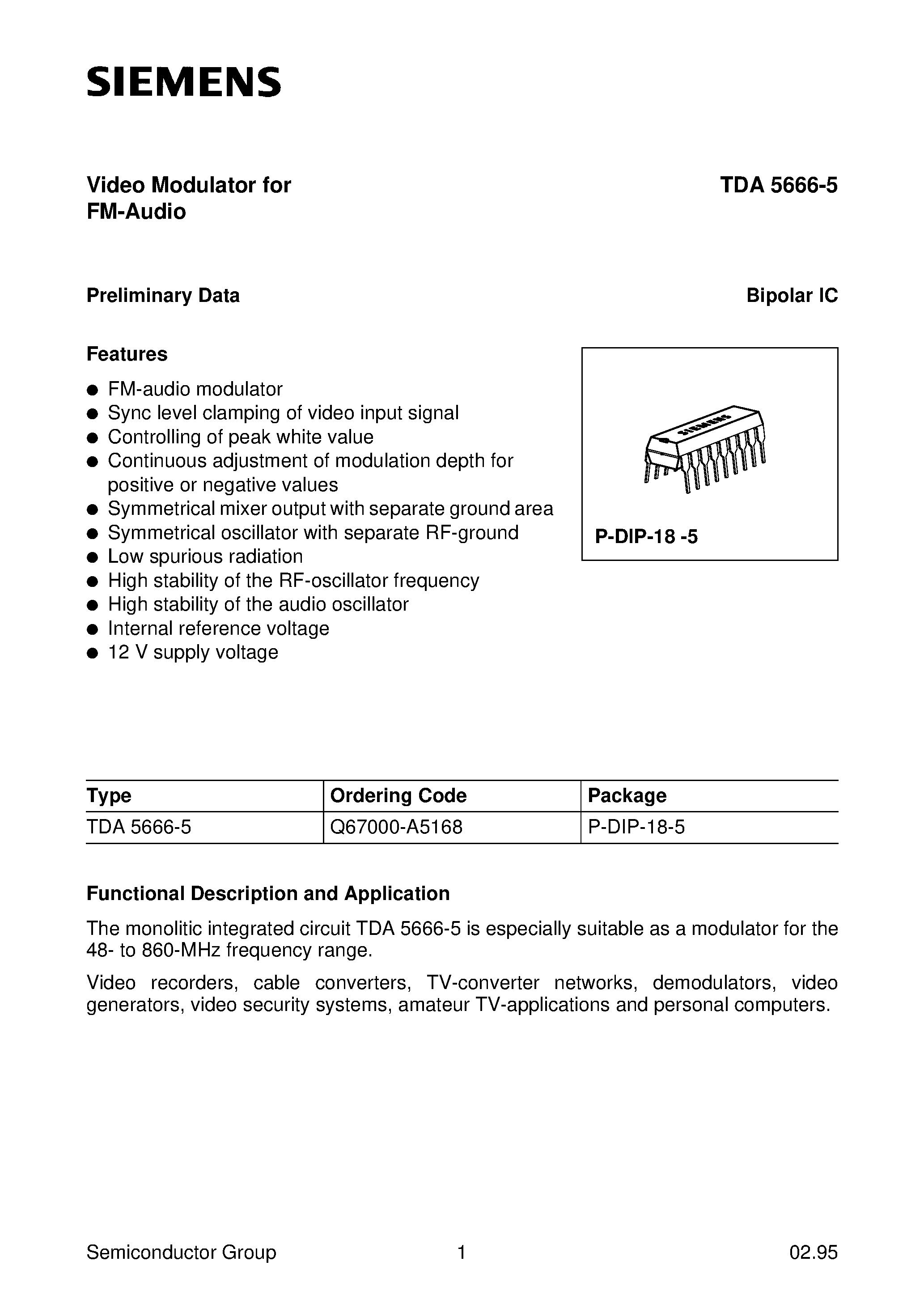 Даташит на микросхему TDA5666-5 страница 1 Даташит TDA5666-5 - Video Modulator for FM-Audio страница 1