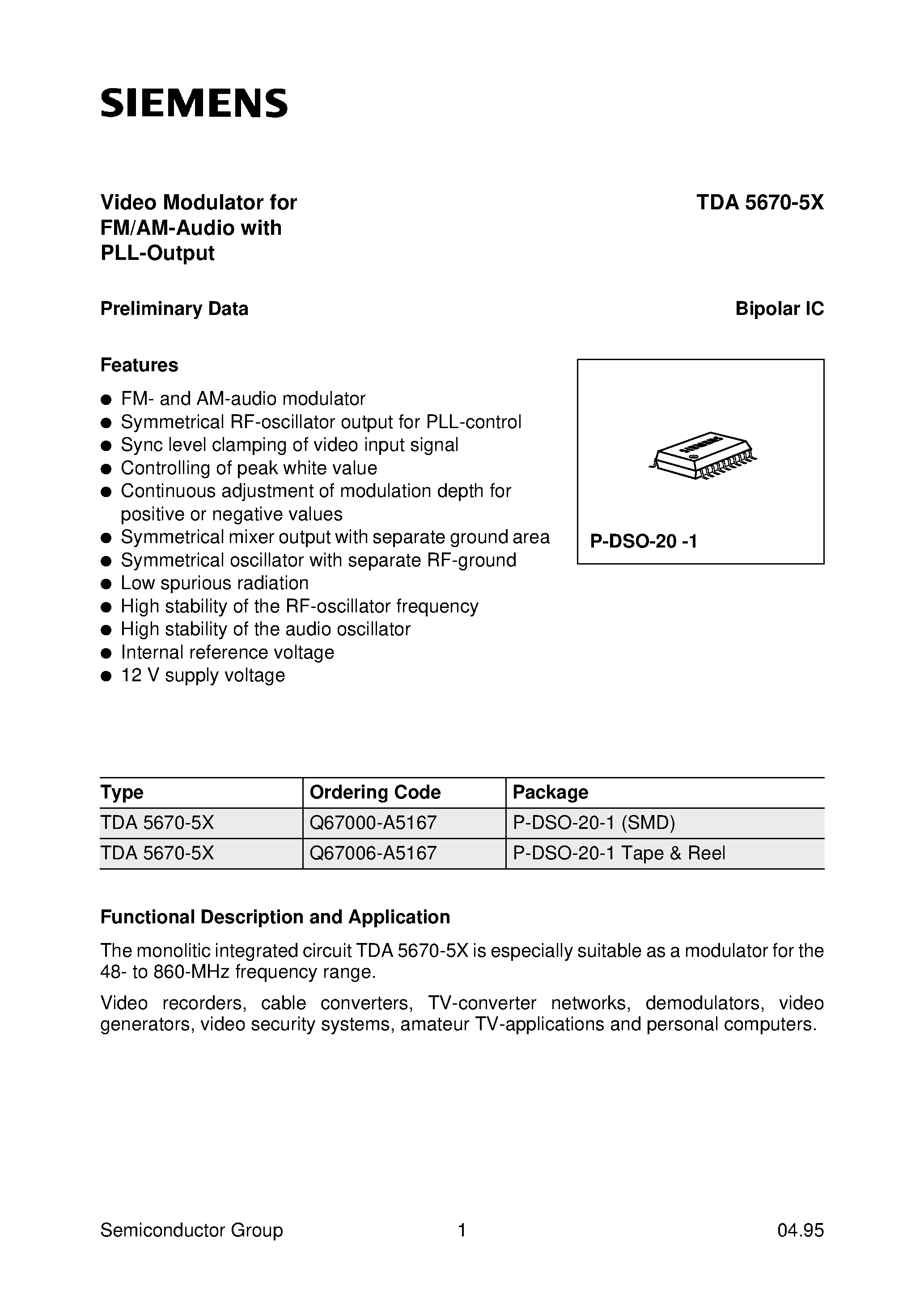 Datasheet TDA5670-5X - Video Modulator for FM/AM-Audio with PLL-Output page 1