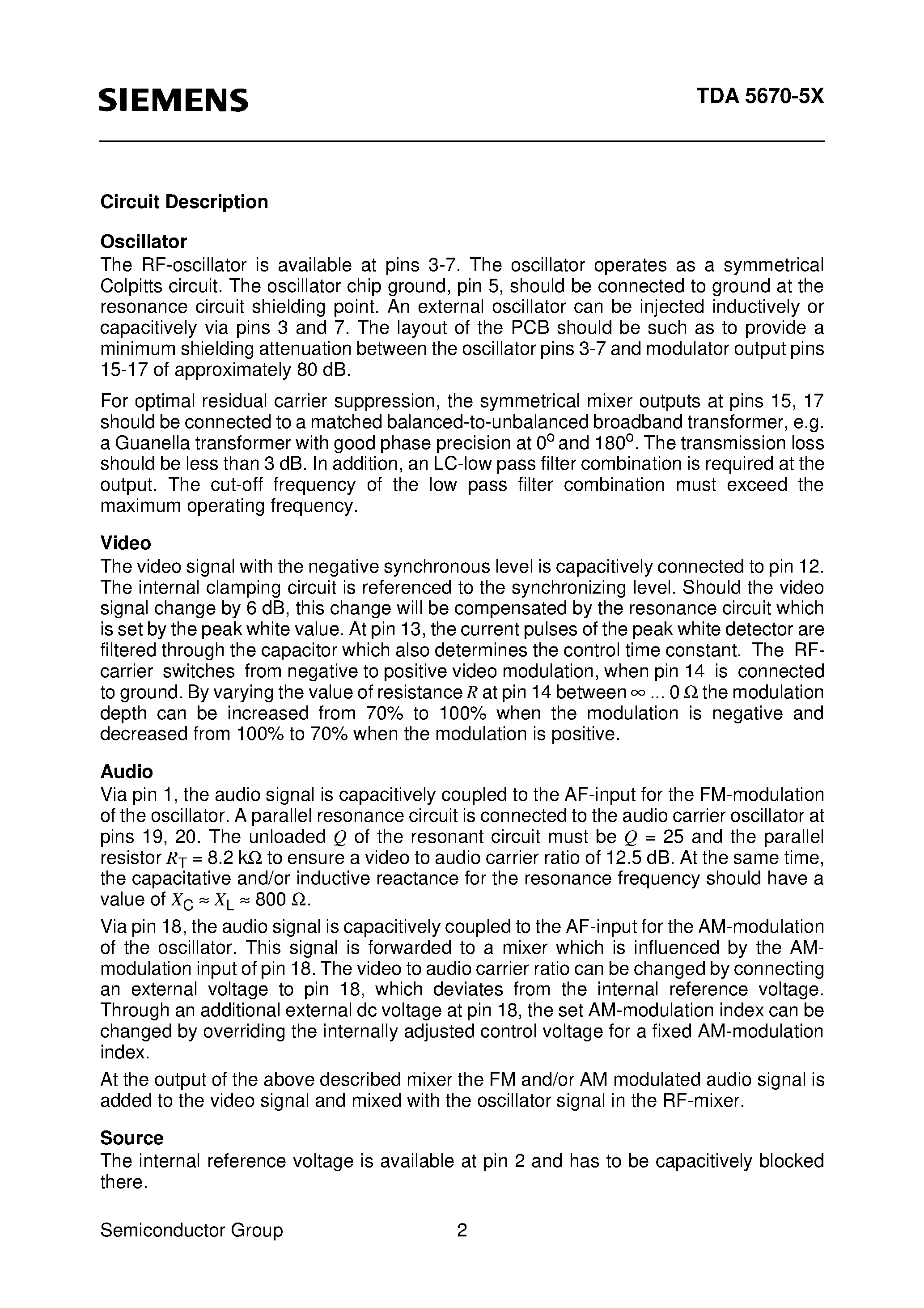 Datasheet TDA5670-5X - Video Modulator for FM/AM-Audio with PLL-Output page 2