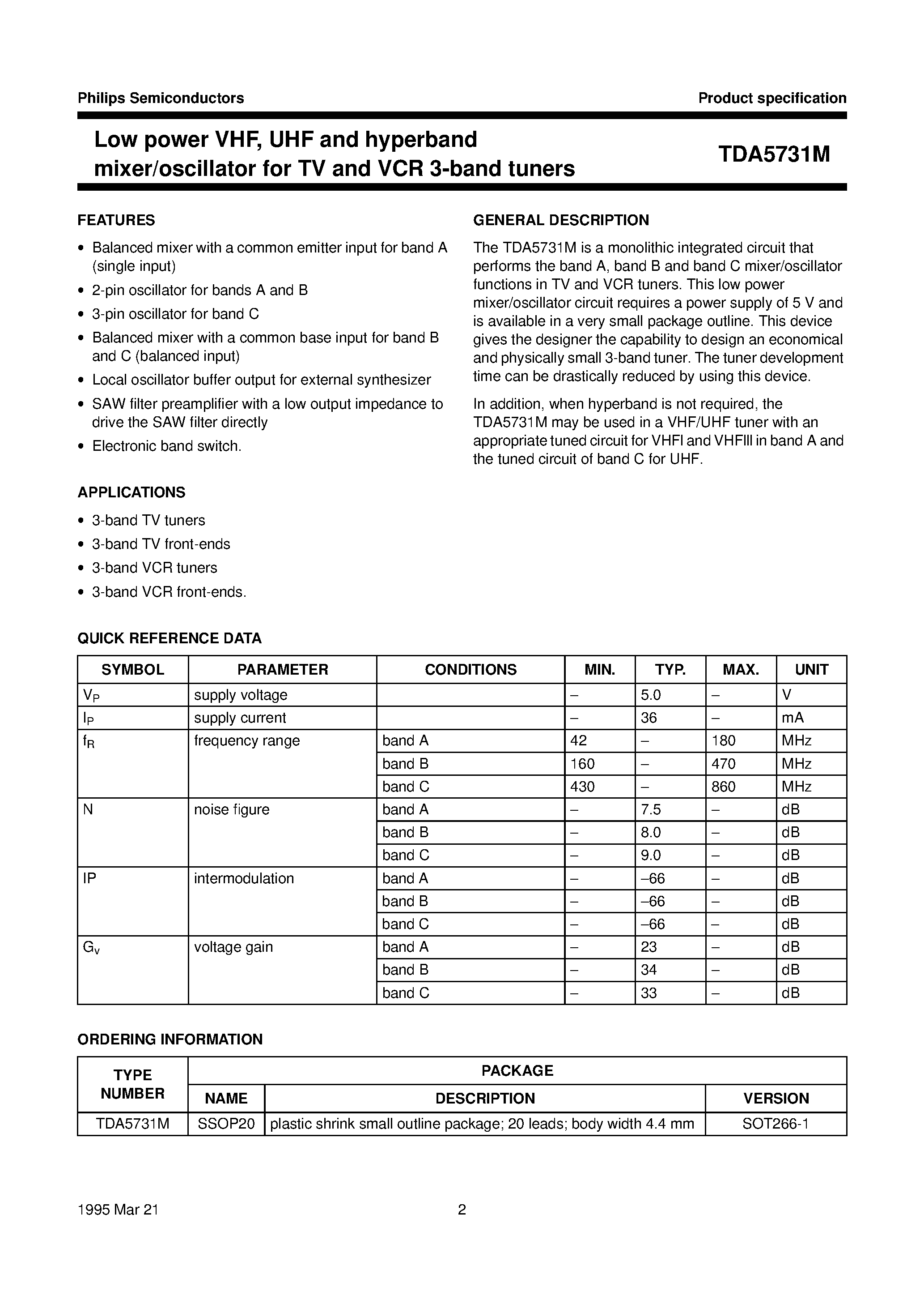 Даташит TDA5731M - Low power VHF/ UHF and hyperband mixer/oscillator for TV and VCR 3-band tuners страница 2