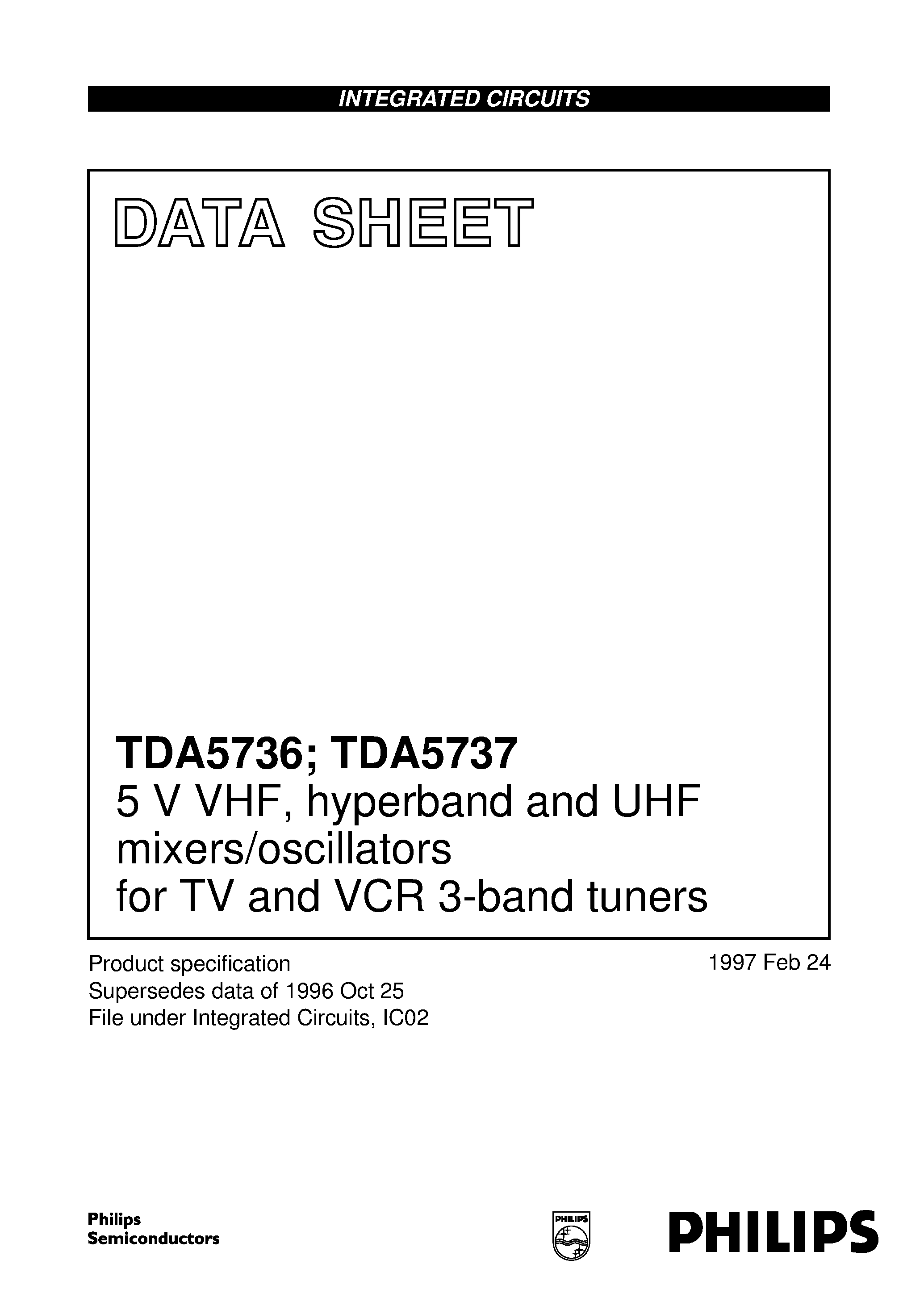 Даташит TDA5736M - 5 V VHF/ hyperband and UHF mixers/oscillators for TV and VCR 3-band tuners страница 1