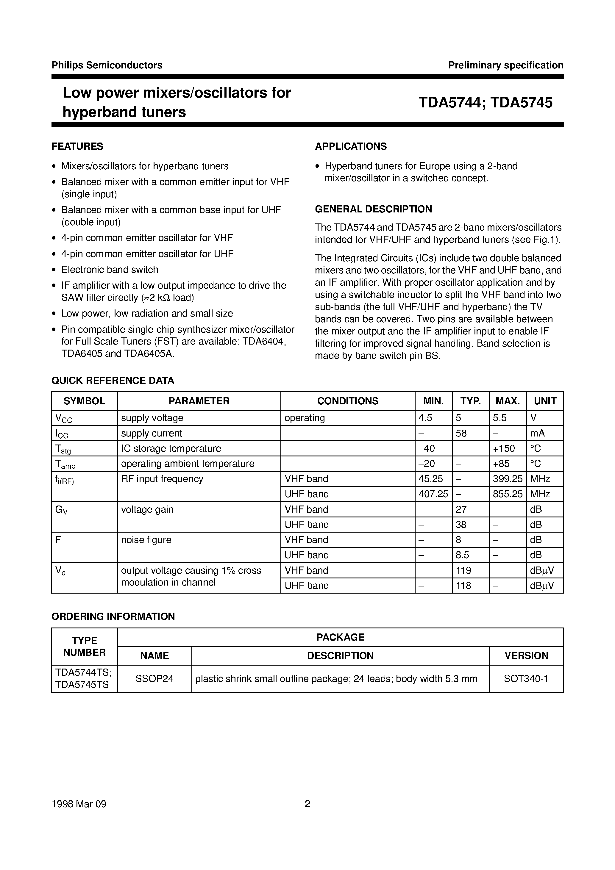 Даташит TDA5745TS - Low power mixers/oscillators for hyperband tuners страница 2
