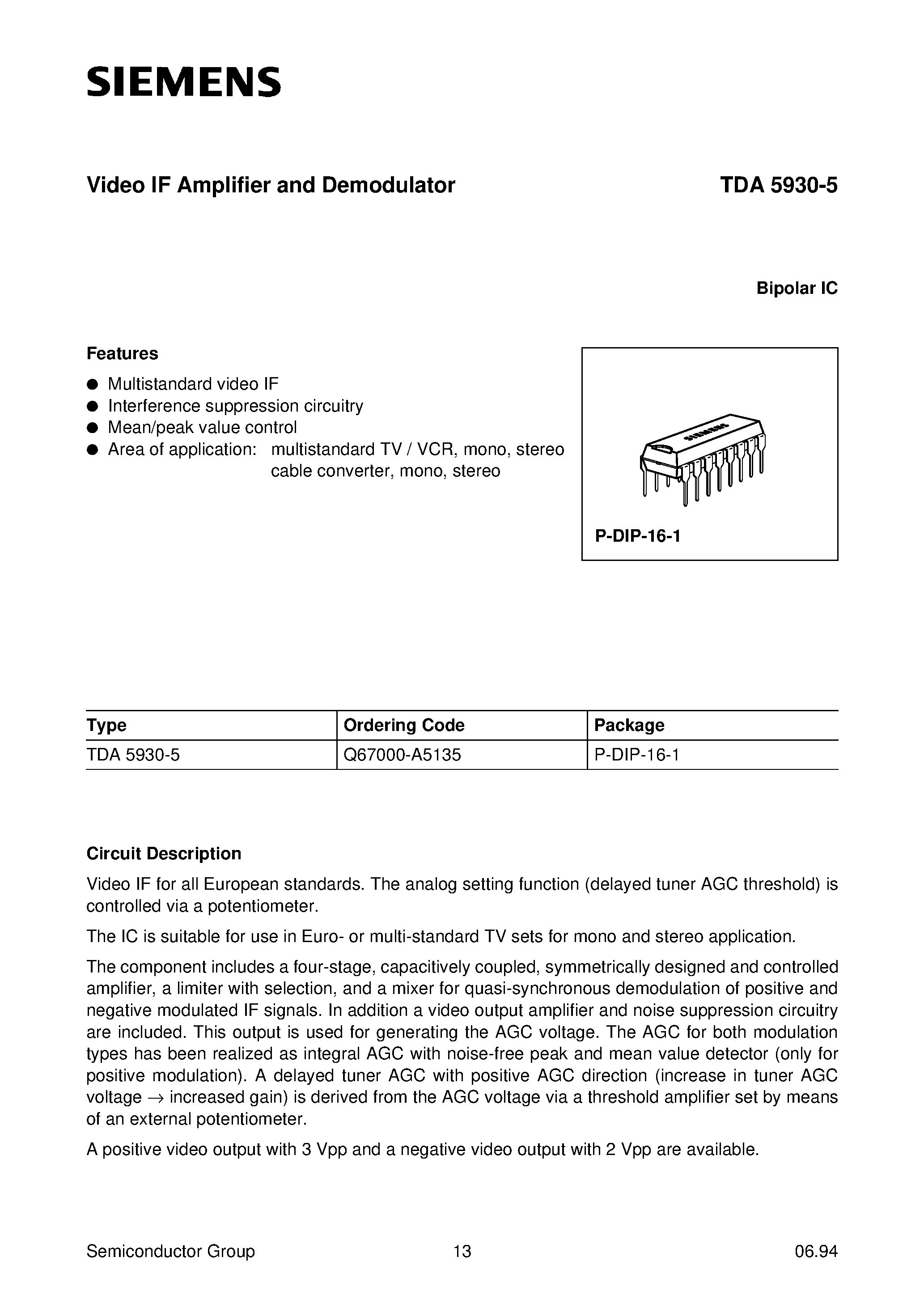 Даташит TDA5930-5 - Video IF Amplifier and Demodulator страница 1