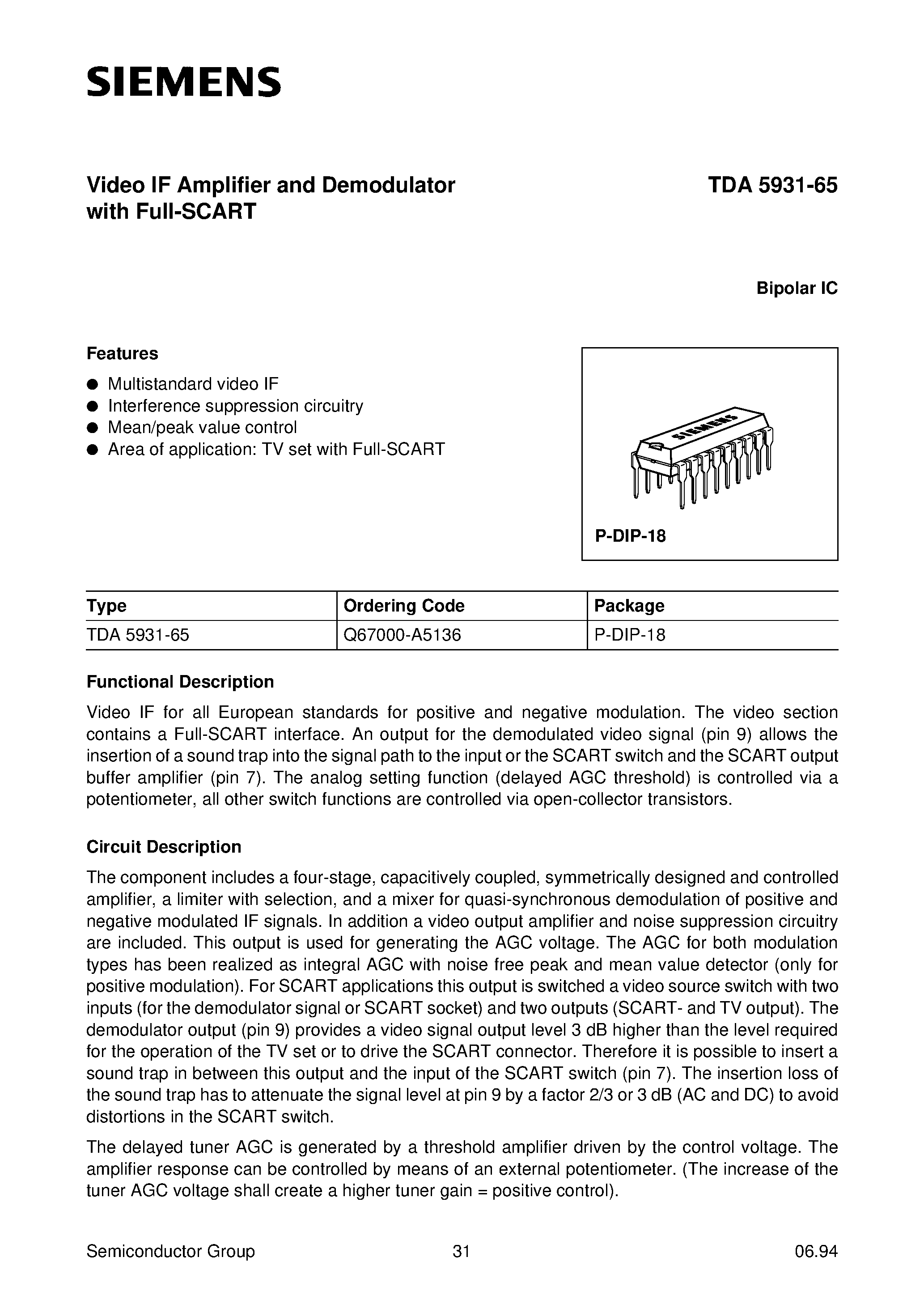 Даташит TDA5931-65 - Video IF Amplifier and Demodulator with Full-SCART страница 1