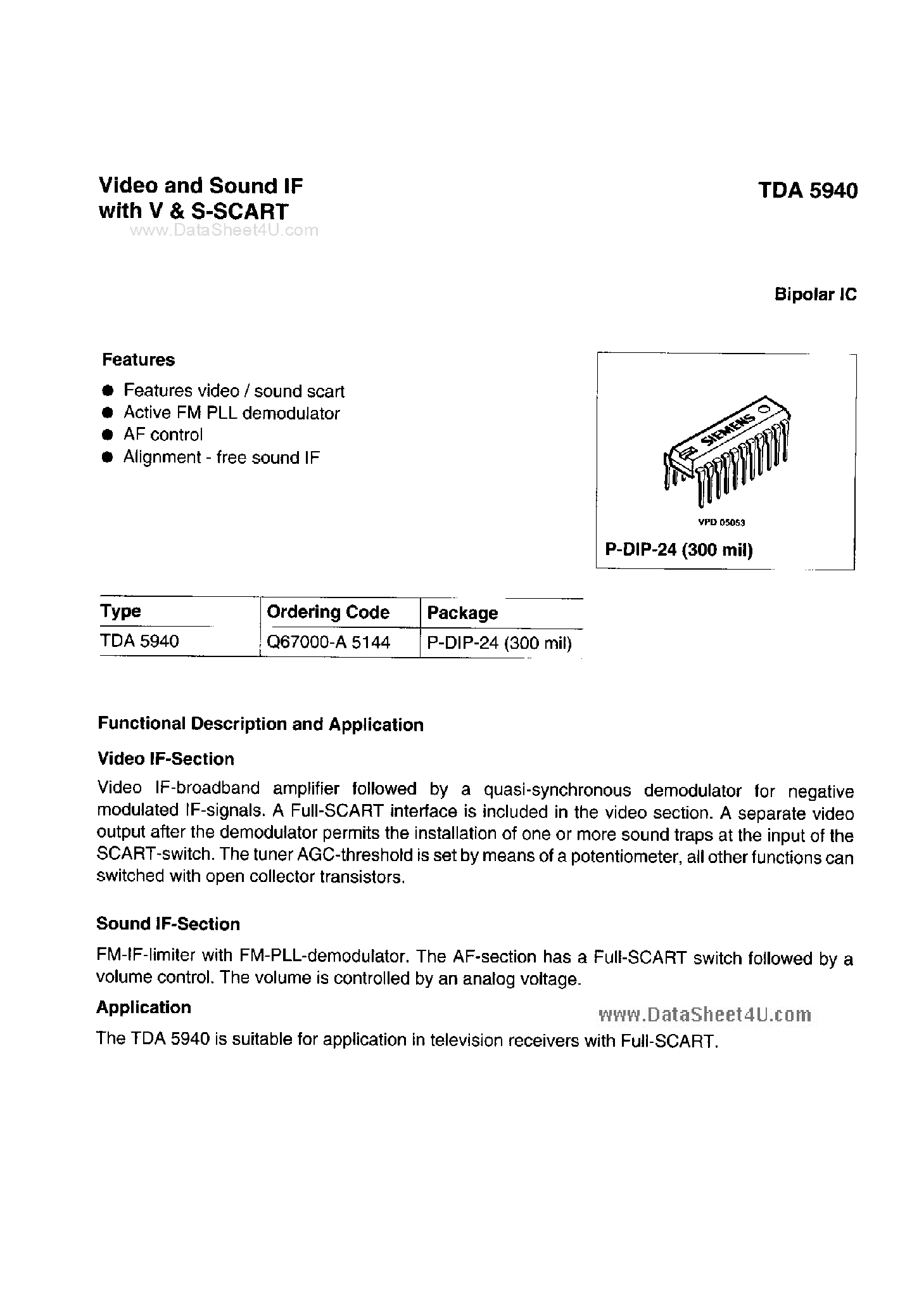 Даташит на микросхему TDA5940 страница 1 Даташит TDA5940 - Video and Sound IF with V & S SCART страница 1