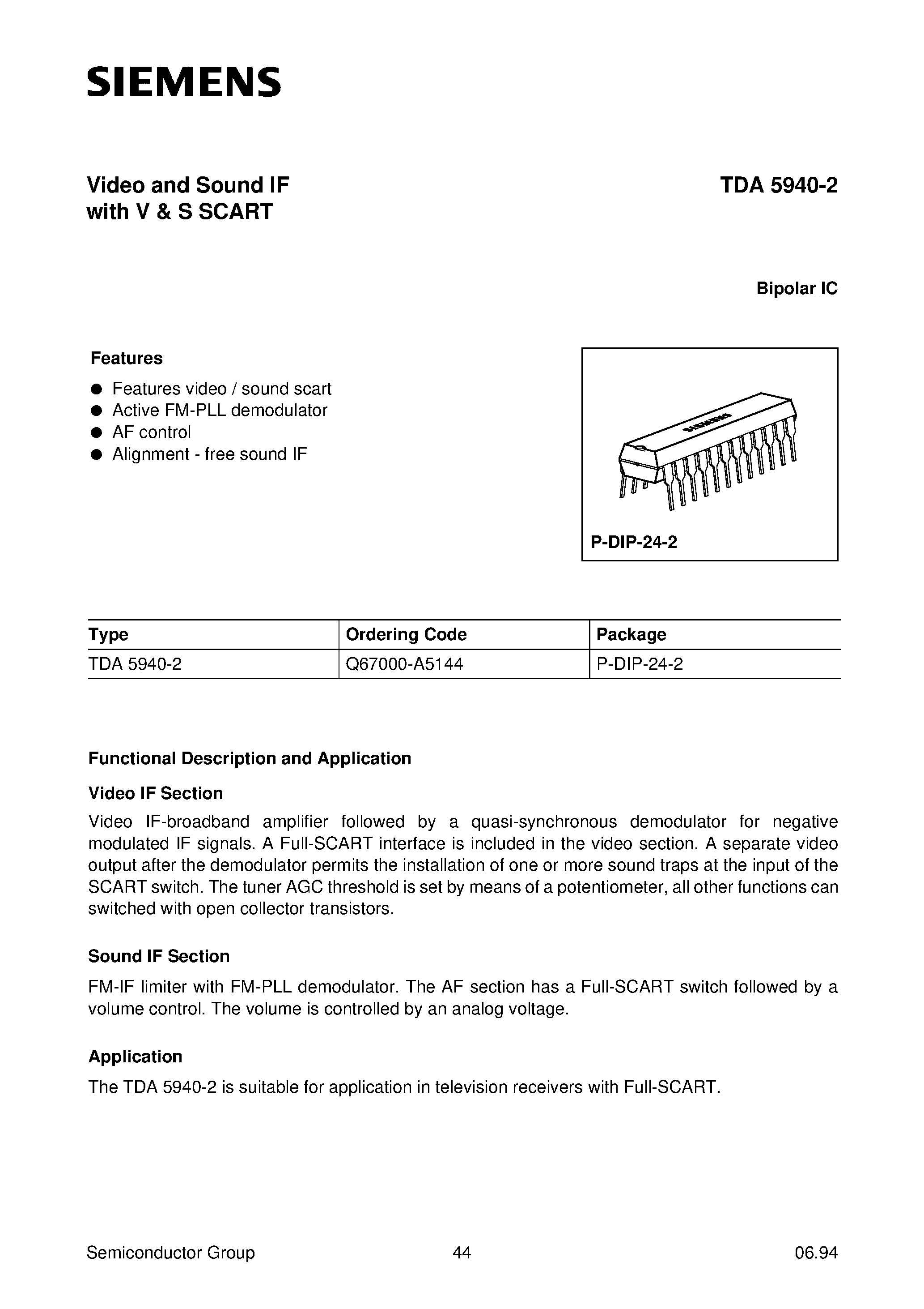 Даташит TDA5940-2 - Video and Sound IF with V & S SCART страница 1
